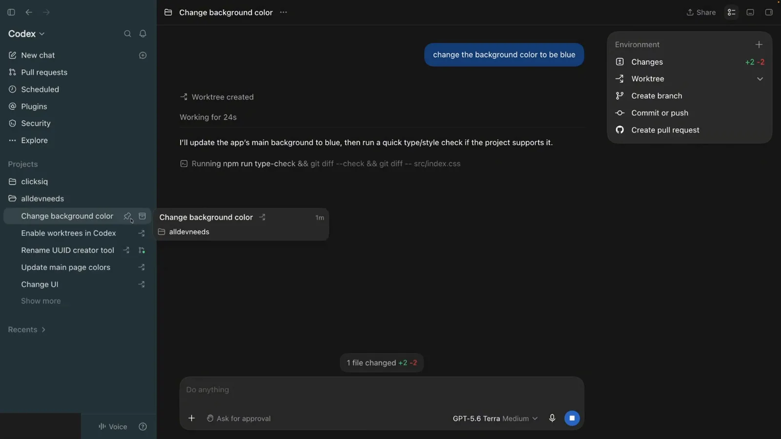 Codex thread showing Worktree created and the agent running npm run type-check and git diff inside the isolated worktree with a 1 file changed badge Codex thread showing Worktree created and the agent running npm run type-check and git diff inside the isolated worktree with a 1 file changed badge