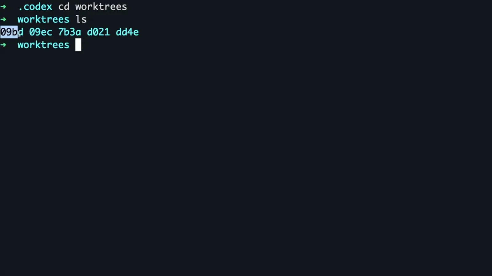 Terminal inside .codex/worktrees listing five hash-named managed worktree folders after running worktrees ls Terminal inside .codex/worktrees listing five hash-named managed worktree folders after running worktrees ls