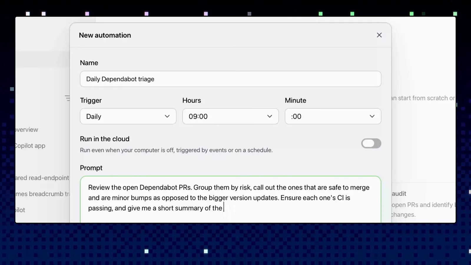 Automation prompt in the GitHub Copilot app asking Copilot to review open Dependabot PRs, group them by risk and check that CI passes Automation prompt in the GitHub Copilot app asking Copilot to review open Dependabot PRs, group them by risk and check that CI passes