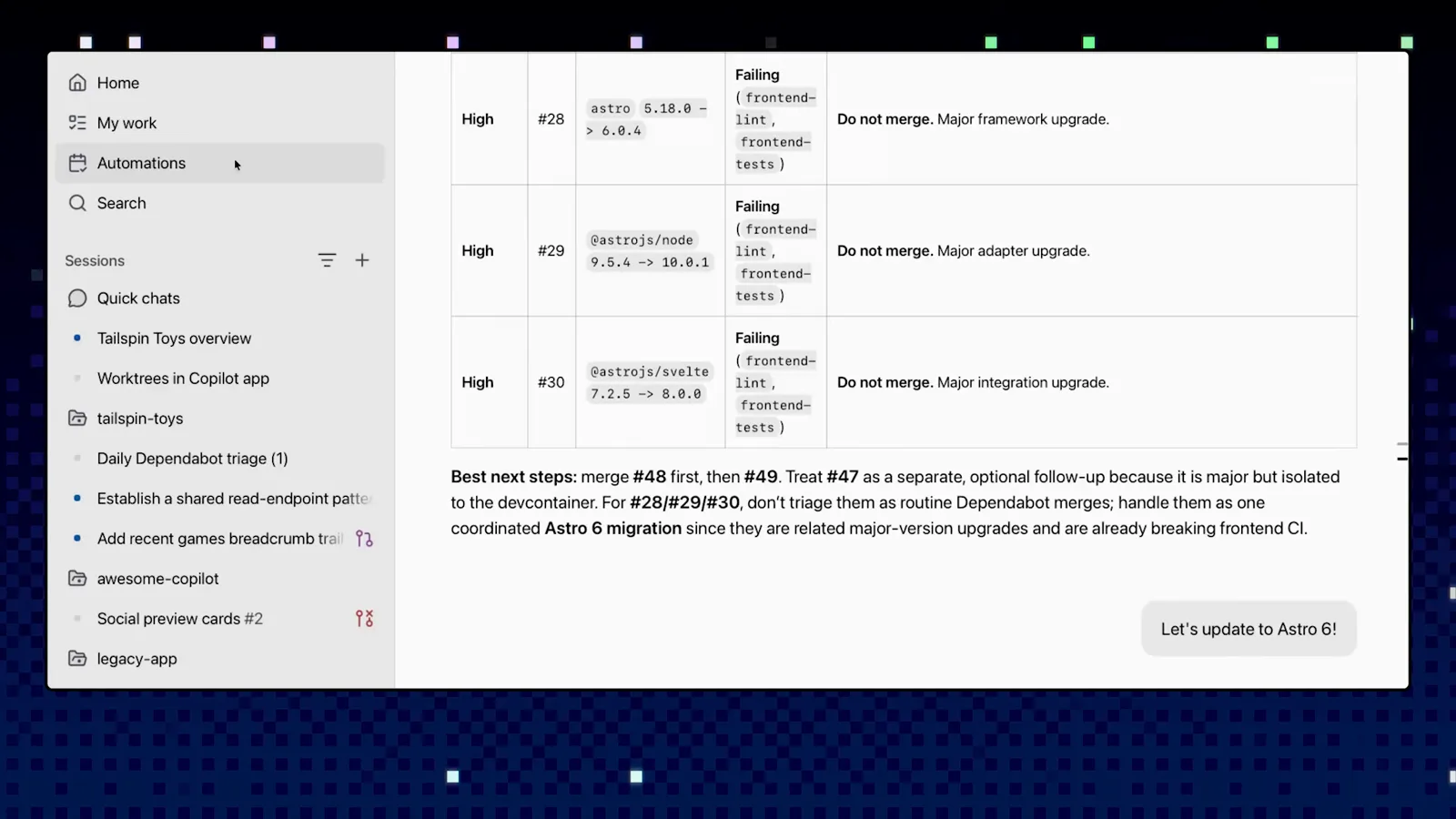 Follow-up session starting from an automation report in the GitHub Copilot app with View automation above a composer where Let's update to Astro is being typed Follow-up session starting from an automation report in the GitHub Copilot app with View automation above a composer where Let's update to Astro is being typed