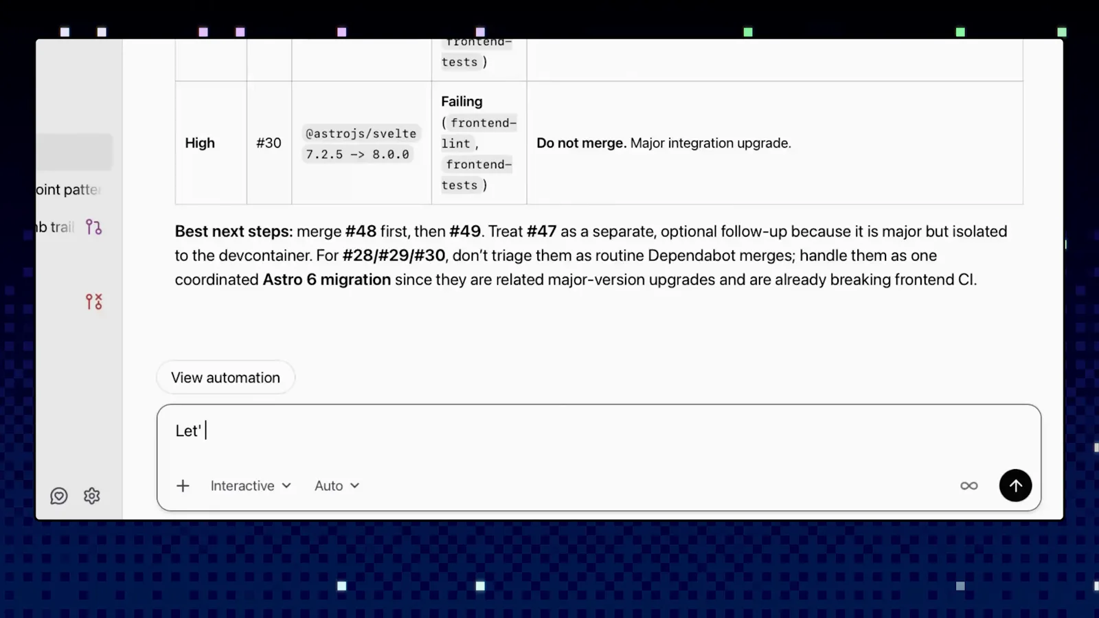 Failing high-risk rows in a Copilot app automation report marking major Astro and integration upgrades as Do not merge above the best next steps summary Failing high-risk rows in a Copilot app automation report marking major Astro and integration upgrades as Do not merge above the best next steps summary