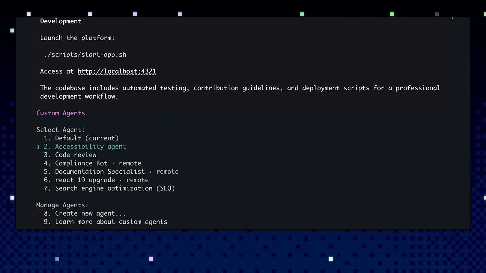 GitHub Copilot CLI Select Agent menu listing Default, Accessibility agent, Code review, Compliance, Documentation Specialist, react 19 upgrade and Search engine optimisation, with Create new agent under Manage Agents
