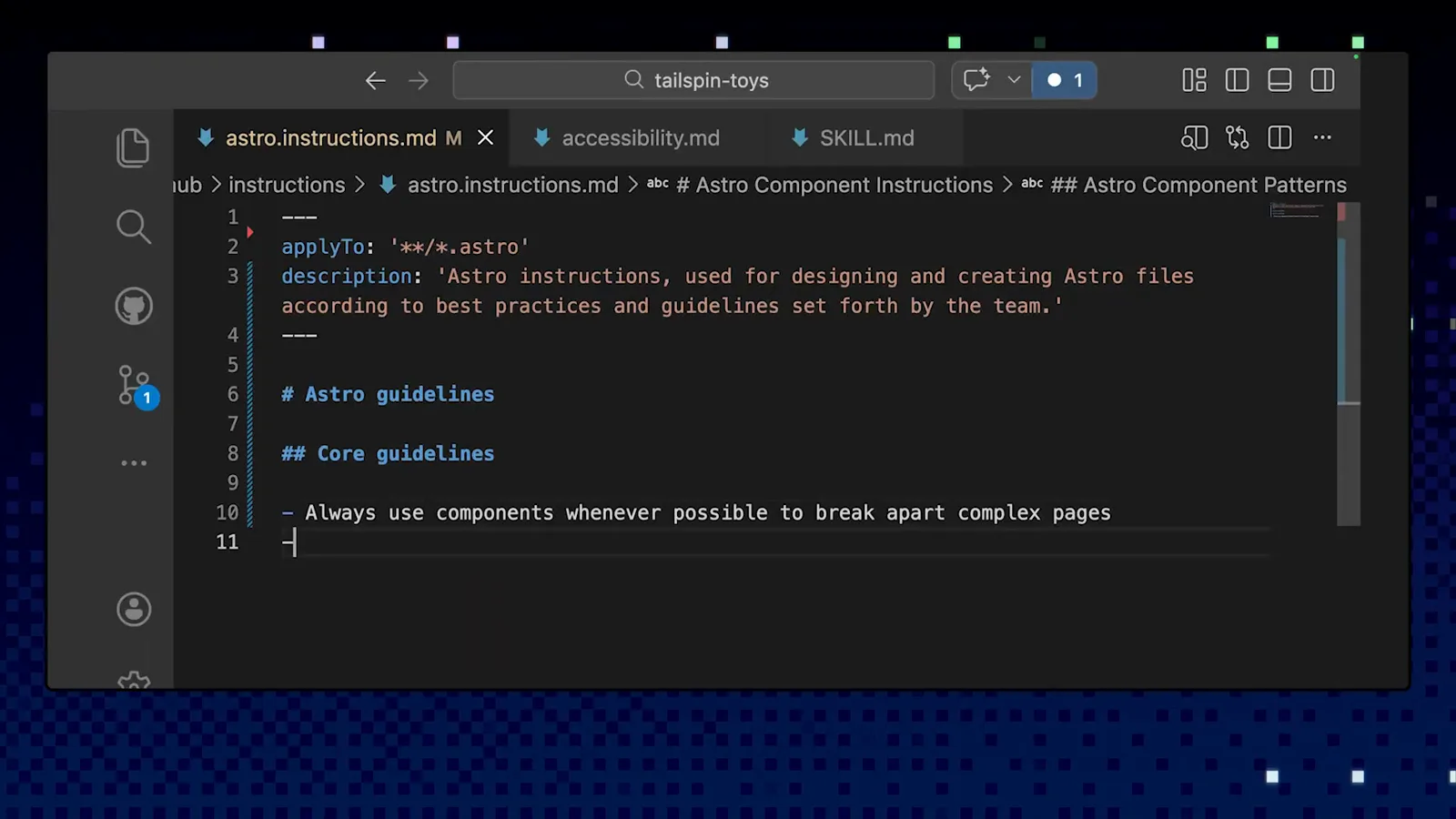 VS Code editing astro.instructions.md whose applyTo front matter targets **/*.astro so Astro-specific guidance loads only for Astro files, with accessibility.md and SKILL.md tabs open