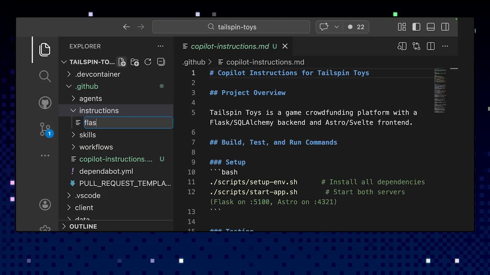 VS Code showing the generated copilot-instructions.md for Tailspin Toys with a Project Overview and Build, Test, and Run Commands sections beside the .github folder holding agents, instructions and skills
