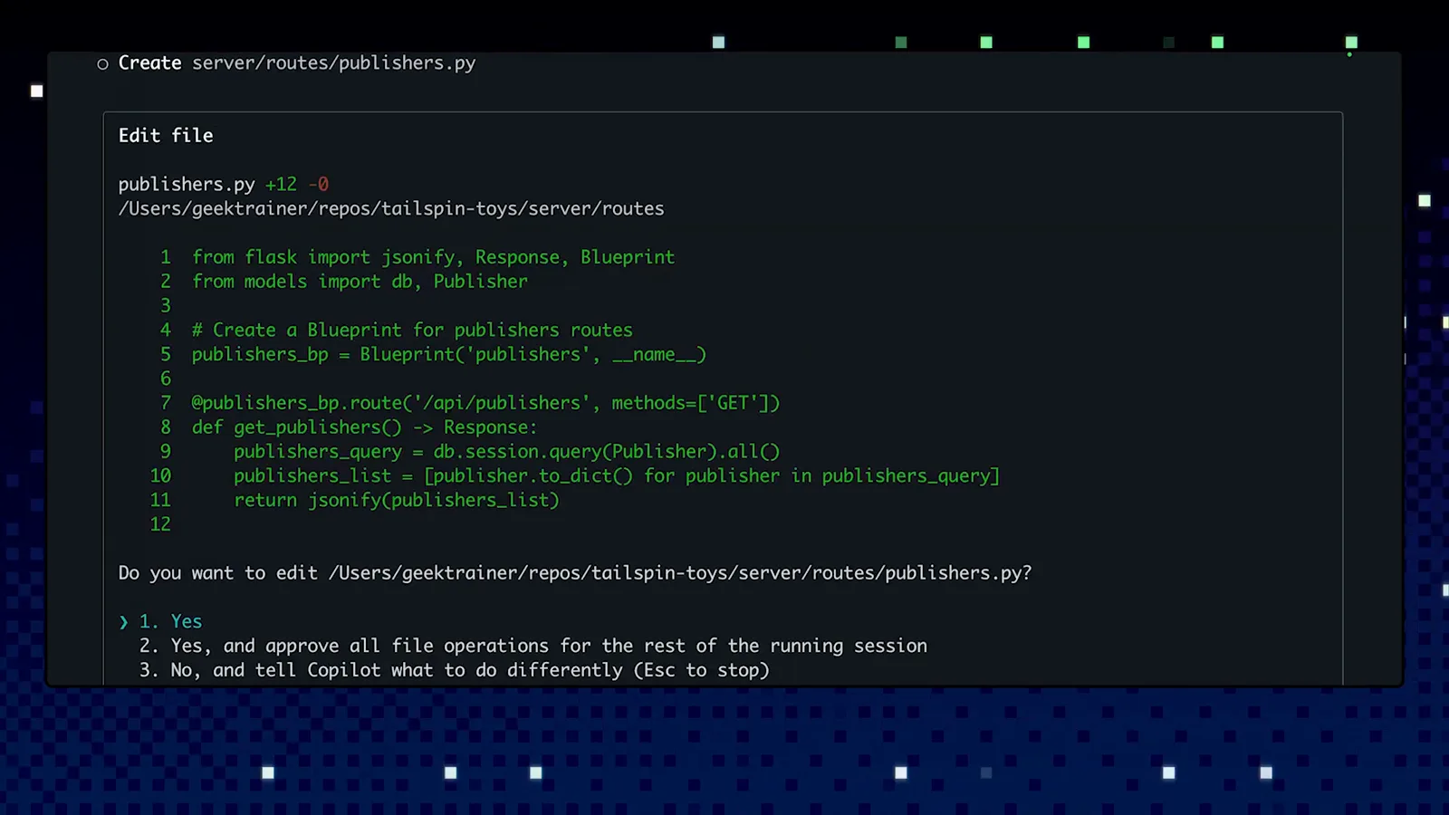 GitHub Copilot CLI diff for server/routes/publishers.py with a docstring added and the prompt Do you want to edit this file offering Yes, approve all file operations for the session, or No and tell Copilot what to do differently