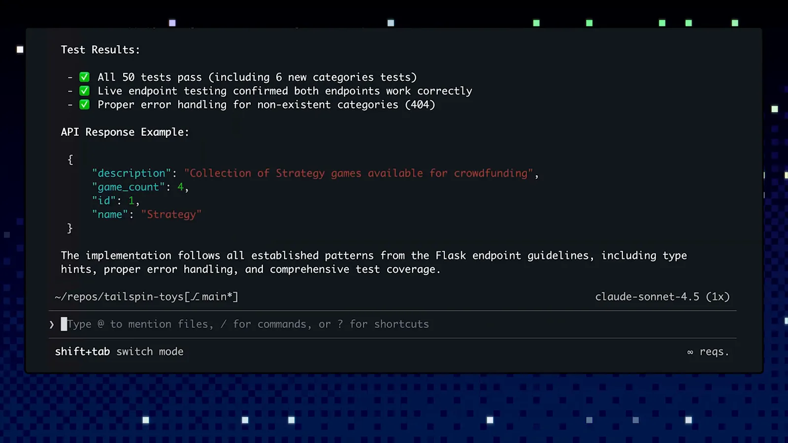 GitHub Copilot CLI test summary reporting all 59 tests pass with live endpoint testing and an API response example, noting the implementation follows the Flask endpoint guidelines from the repo's instructions files