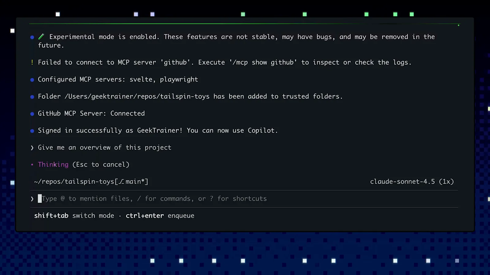 GitHub Copilot CLI session reporting Signed in successfully as GeekTrainer with GitHub MCP Server Connected above the Give me an overview of this project prompt, where a first codebase question starts