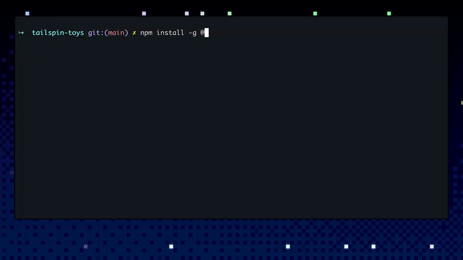 Terminal prompt in the Tailspin Toys repo running npm install -g @github/copilot, the global npm install that puts the copilot command on your PATH for GitHub Copilot CLI