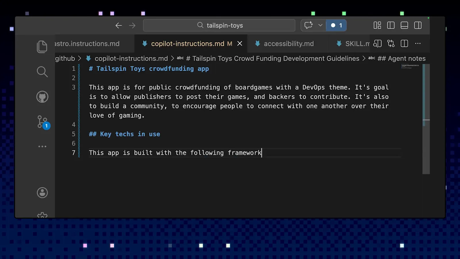 VS Code tab bar showing copilot-instructions.md, astro.instructions.md, accessibility.md and SKILL.md open at once, the markdown files where GitHub Copilot CLI reads project context, agents and skills