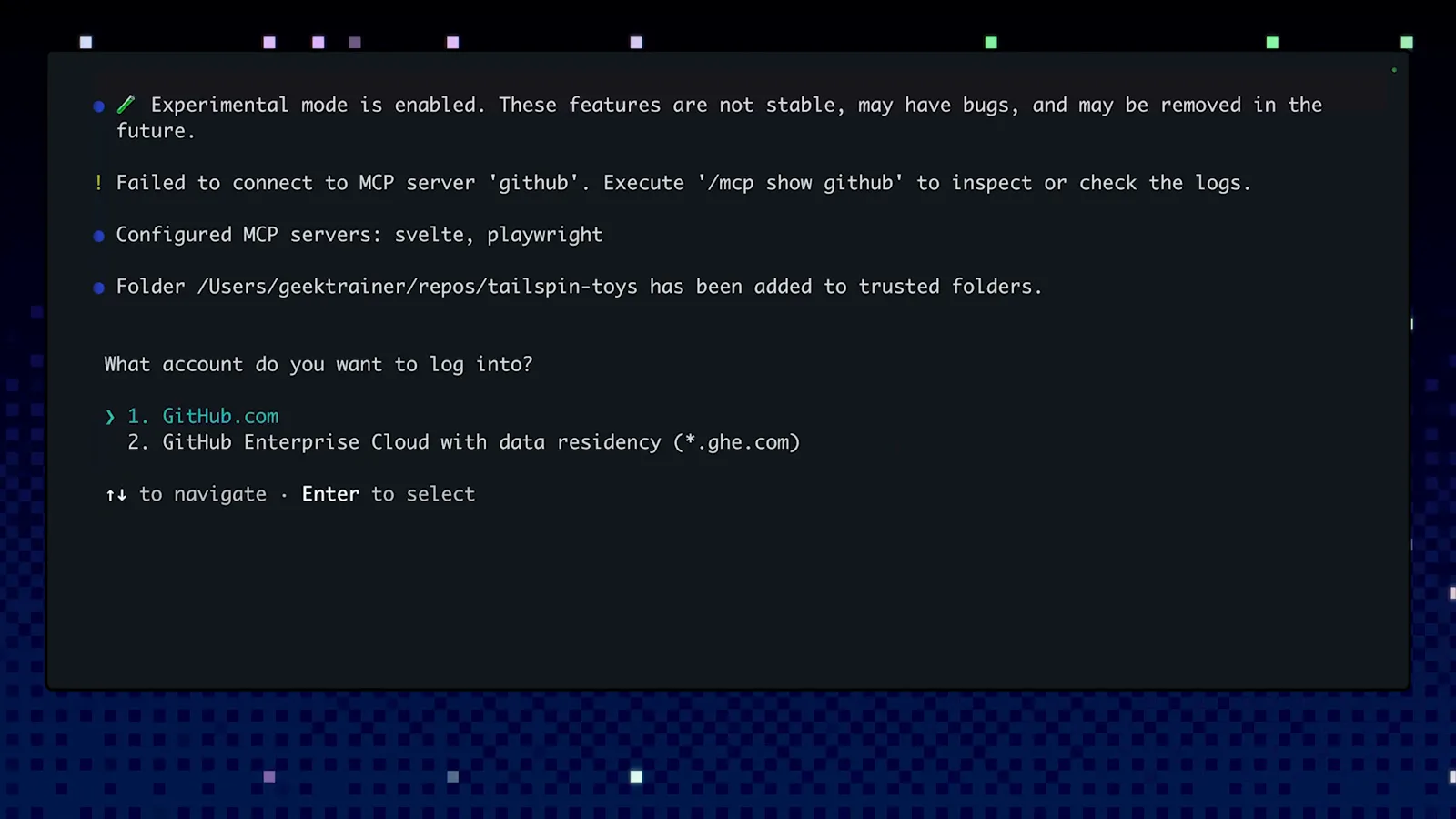 GitHub Copilot CLI asking What account do you want to log into with GitHub.com and GitHub Enterprise Cloud with data residency options, the first-run choice that ties the CLI to your Copilot subscription