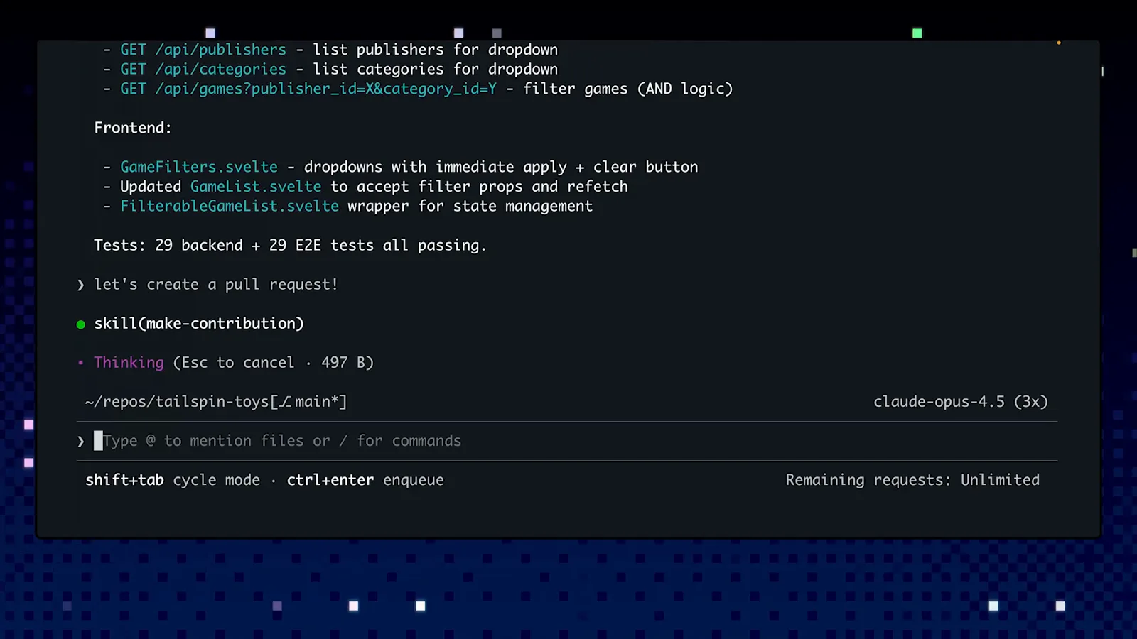 GitHub Copilot CLI activating the make-contribution skill after the prompt let's create a pull request, with tests passing and the pull request preparation running in the tailspin-toys repo