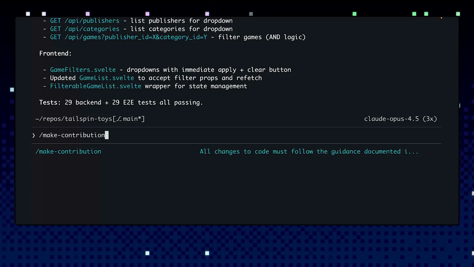 GitHub Copilot CLI slash-command menu listing /make-contribution with its guidance description, showing an agent skill being invoked like a built-in command