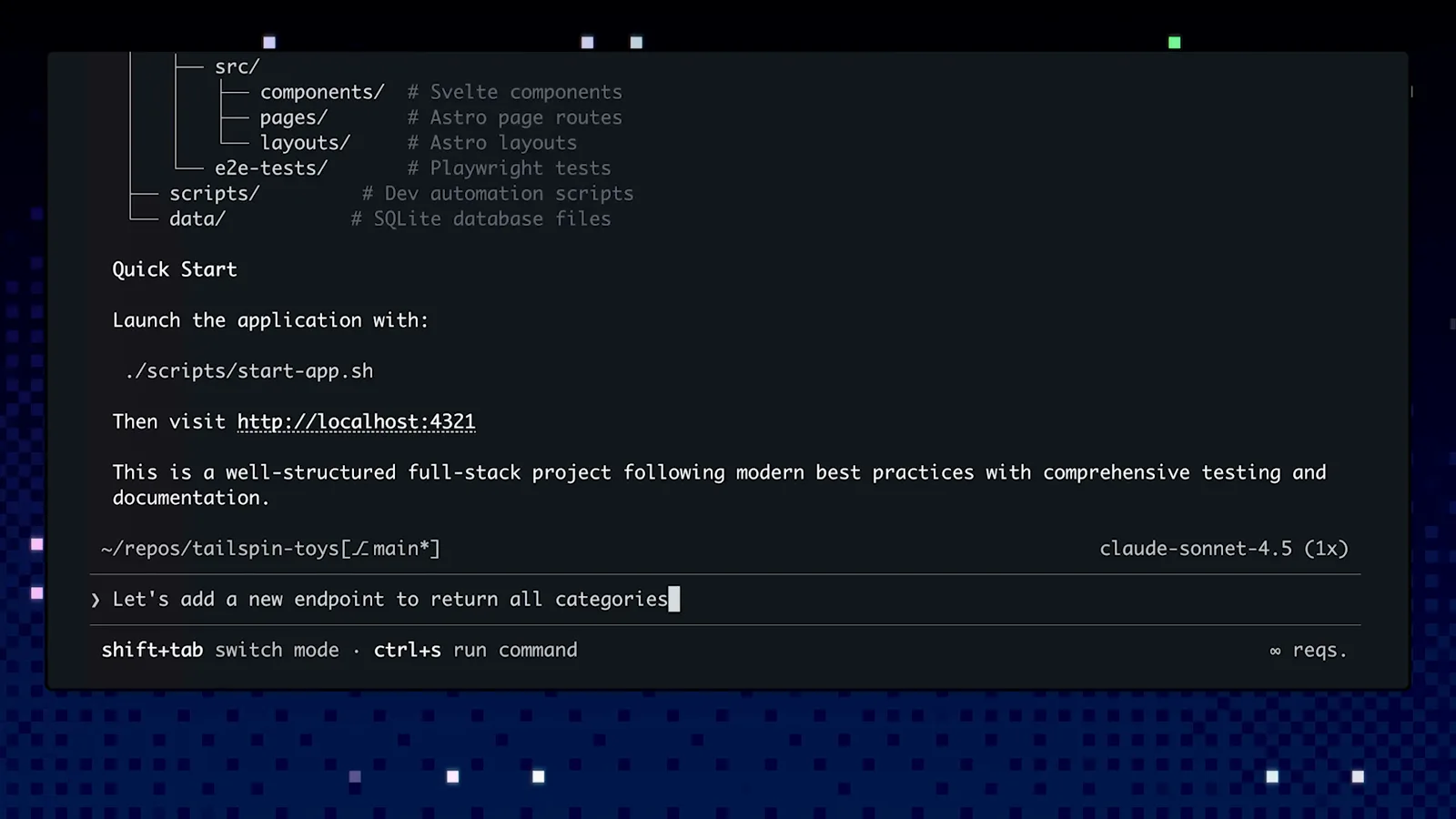 GitHub Copilot CLI answer describing a well-structured full-stack project with a src tree and Quick Start commands, with Let's add a new endpoint to return all categories typed as the follow-up request