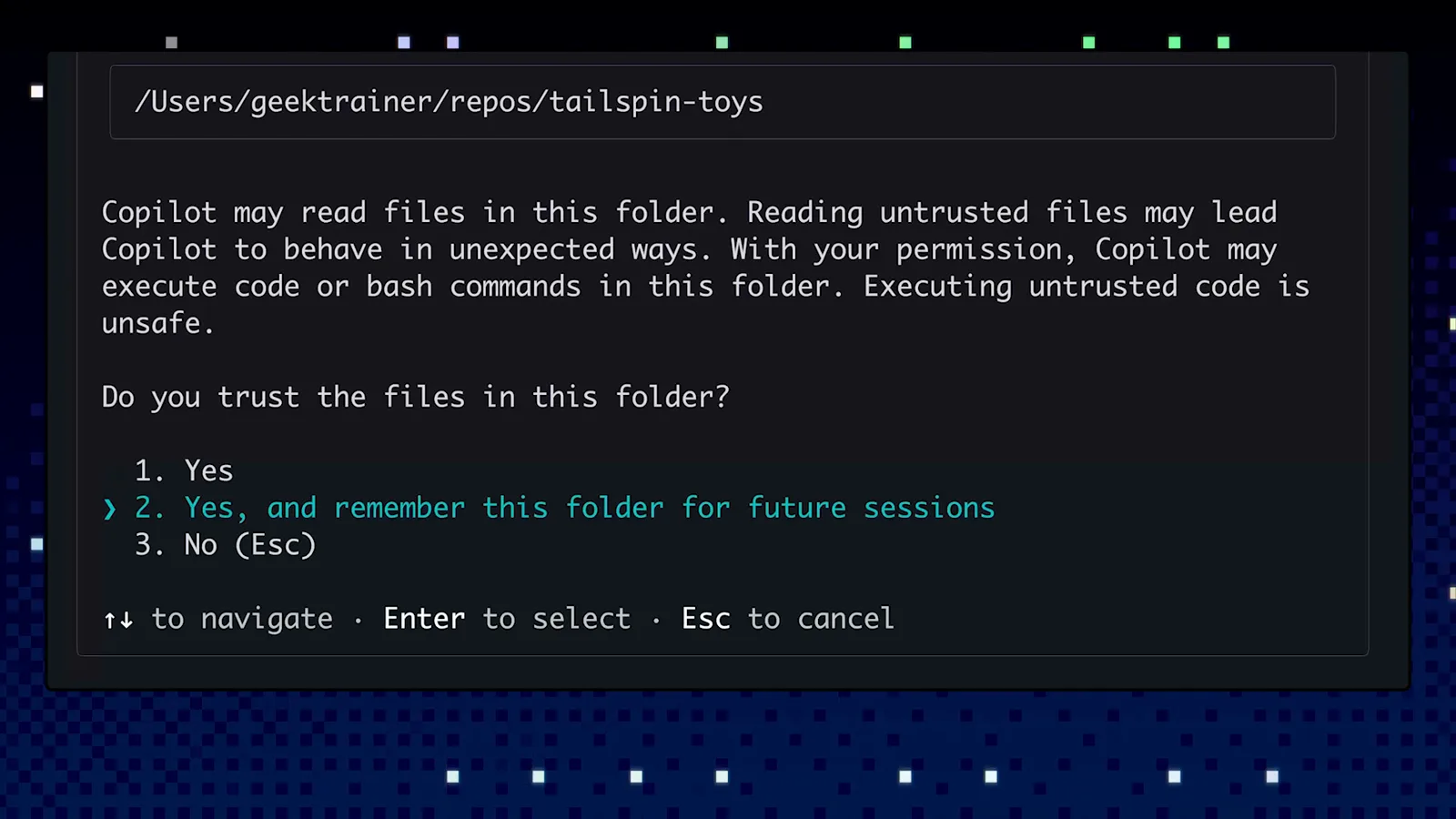 GitHub Copilot CLI folder trust dialog asking Do you trust the files in this folder with the option Yes, and remember this folder for future sessions highlighted, the gate before Copilot can read or edit a project