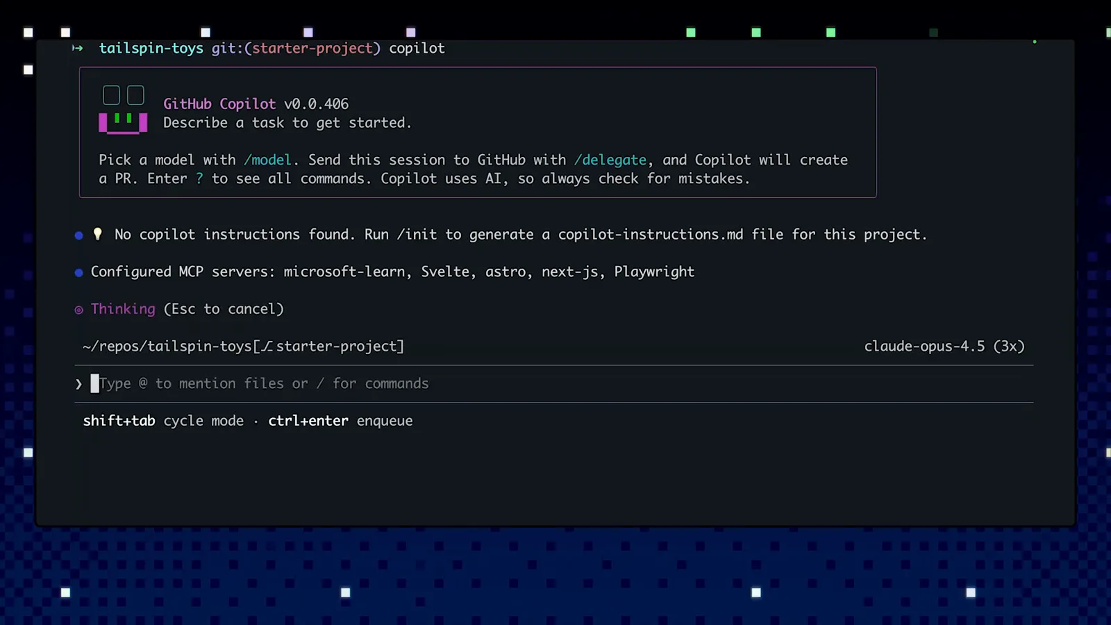 GitHub Copilot CLI v0.0.486 welcome banner with Pick a model with /model and Send this session to GitHub with /delegate hints plus the Run /init to generate a copilot-instructions.md file notice