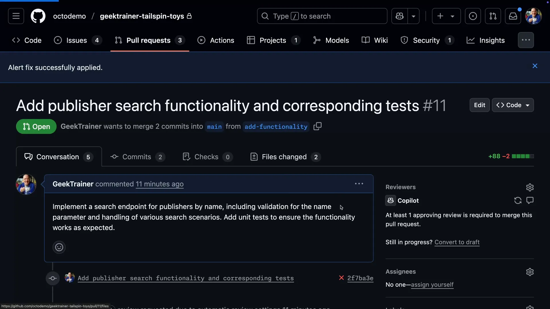 GitHub banner reading Alert fix successfully applied above pull request #11 which now wants to merge two commits into main from the add-functionality branch