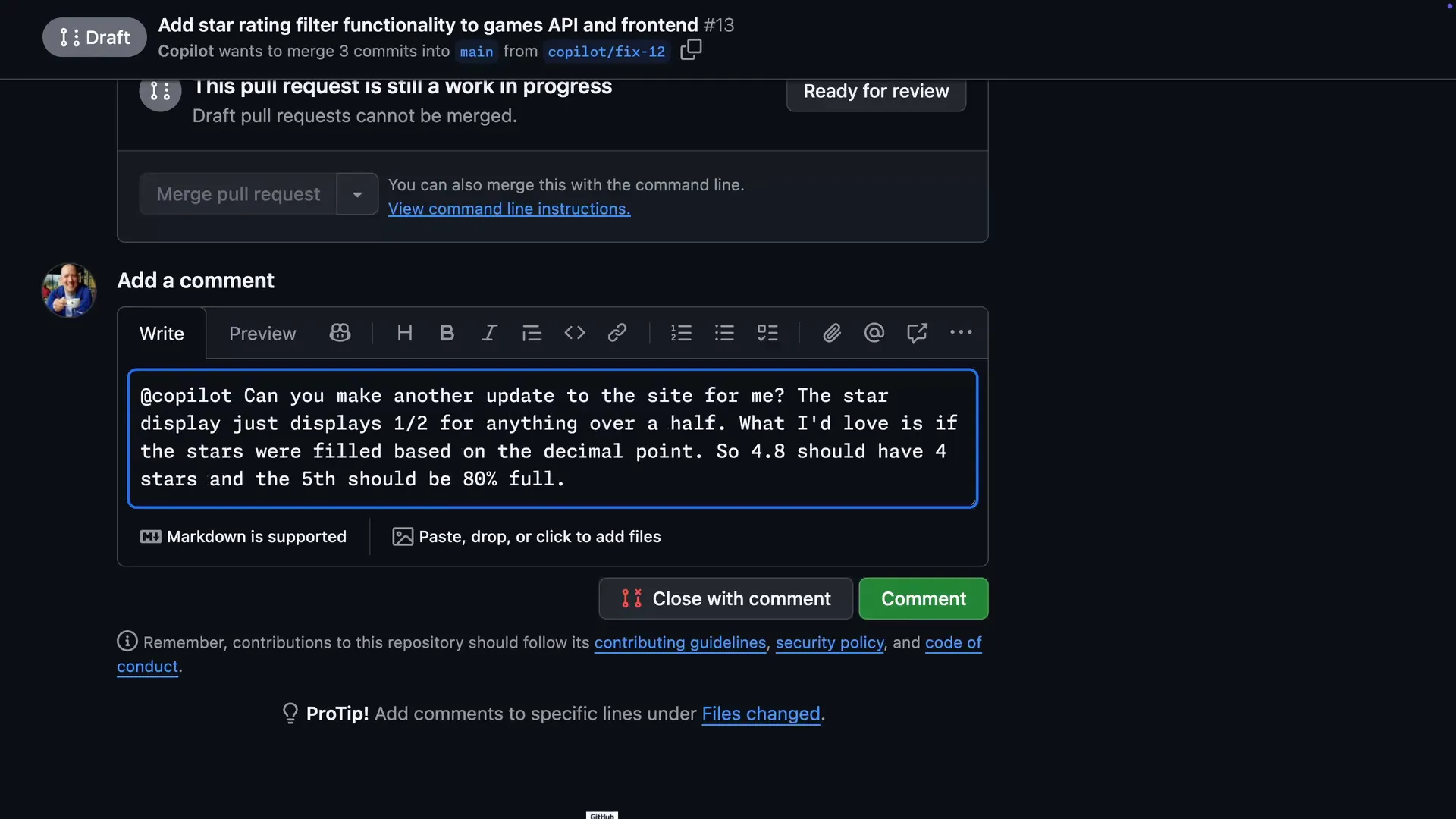 GitHub comment box on a Copilot authored pull request with a typed message asking copilot to fill the star display based on the decimal part of a game rating
