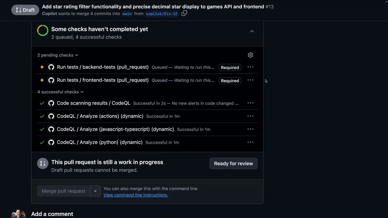 GitHub checks panel on a Copilot pull request showing Run tests backend-tests and frontend-tests pull_request workflows queued as Required and waiting for approval