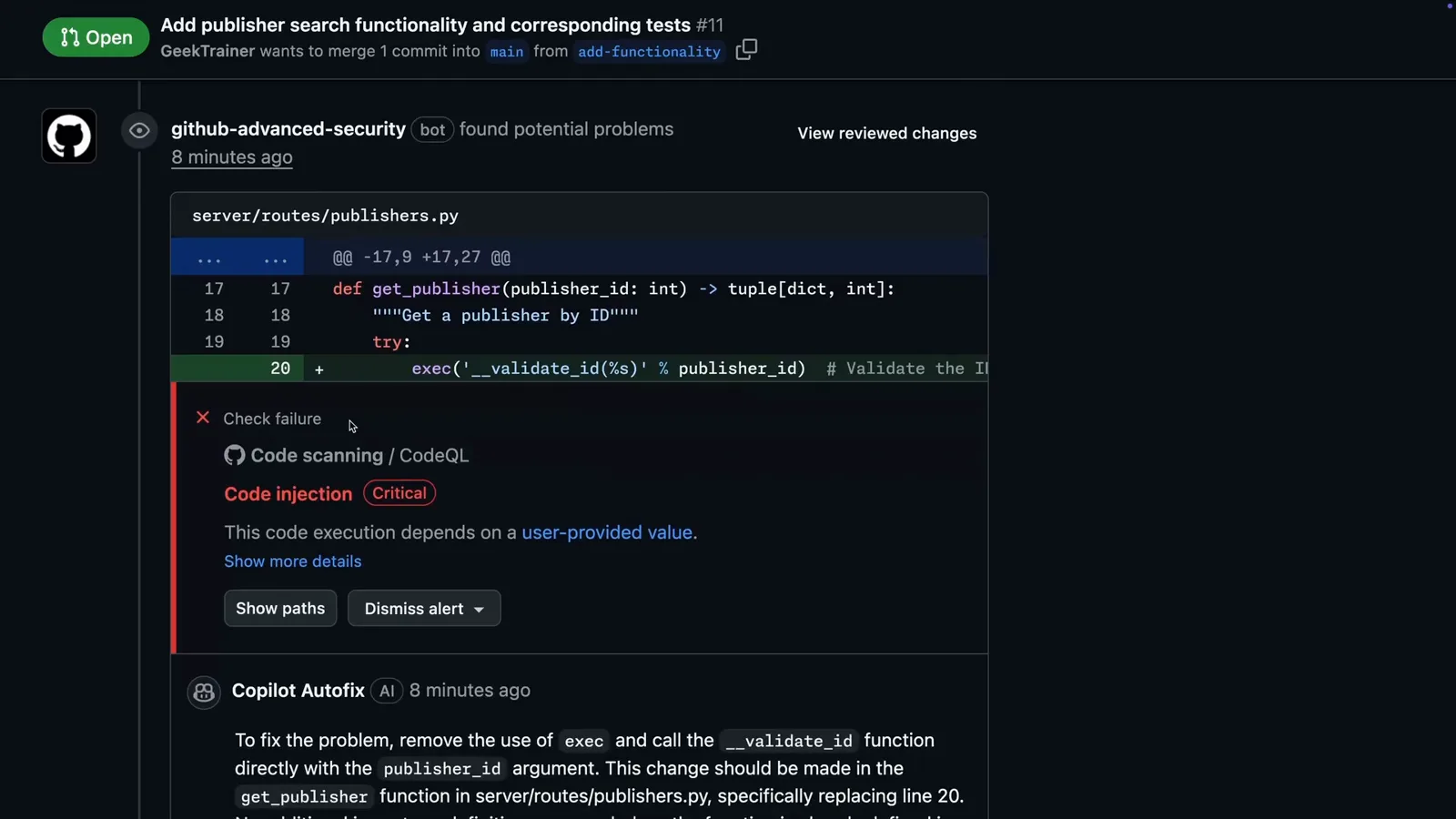 CodeQL code injection alert on server/routes/publishers.py in a GitHub pull request with a Copilot Autofix comment explaining how to remove the exec call and validate the id directly
