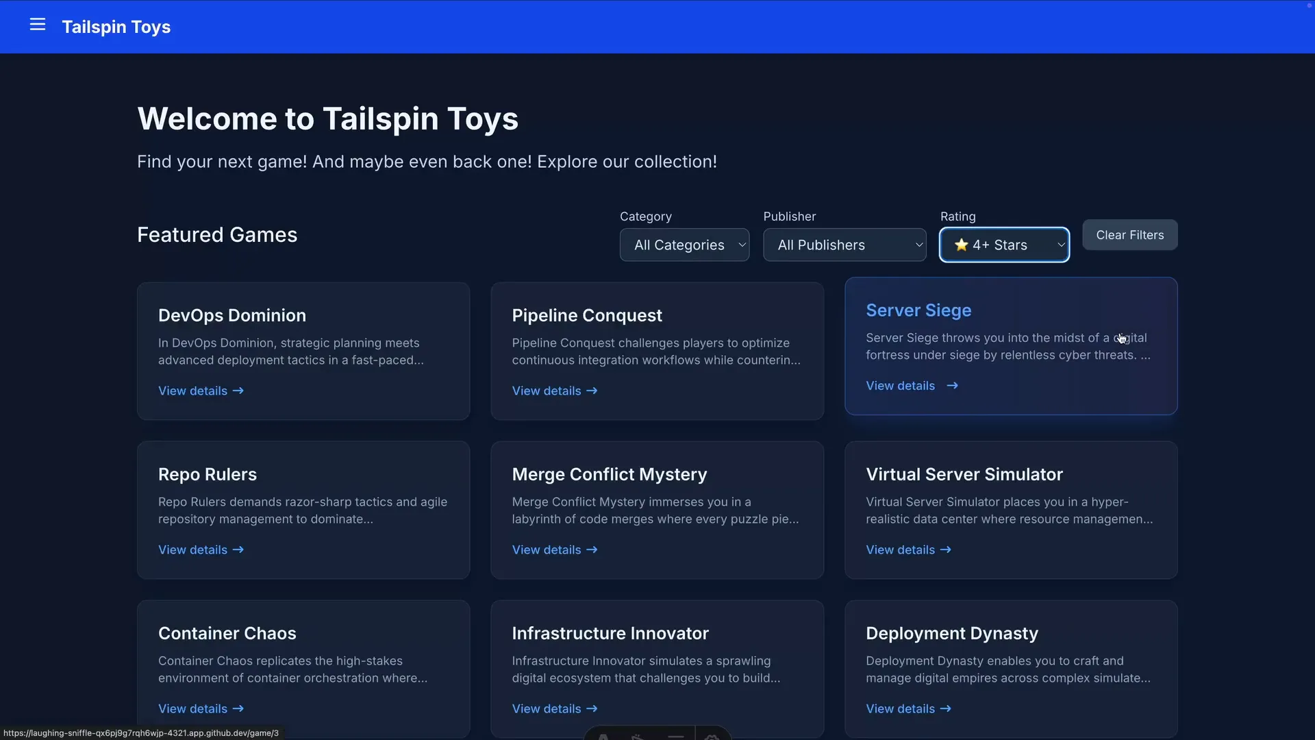Tailspin Toys web app running in a GitHub codespace with the rating filter set to 4+ Stars and the featured games grid filtered down to highly rated titles