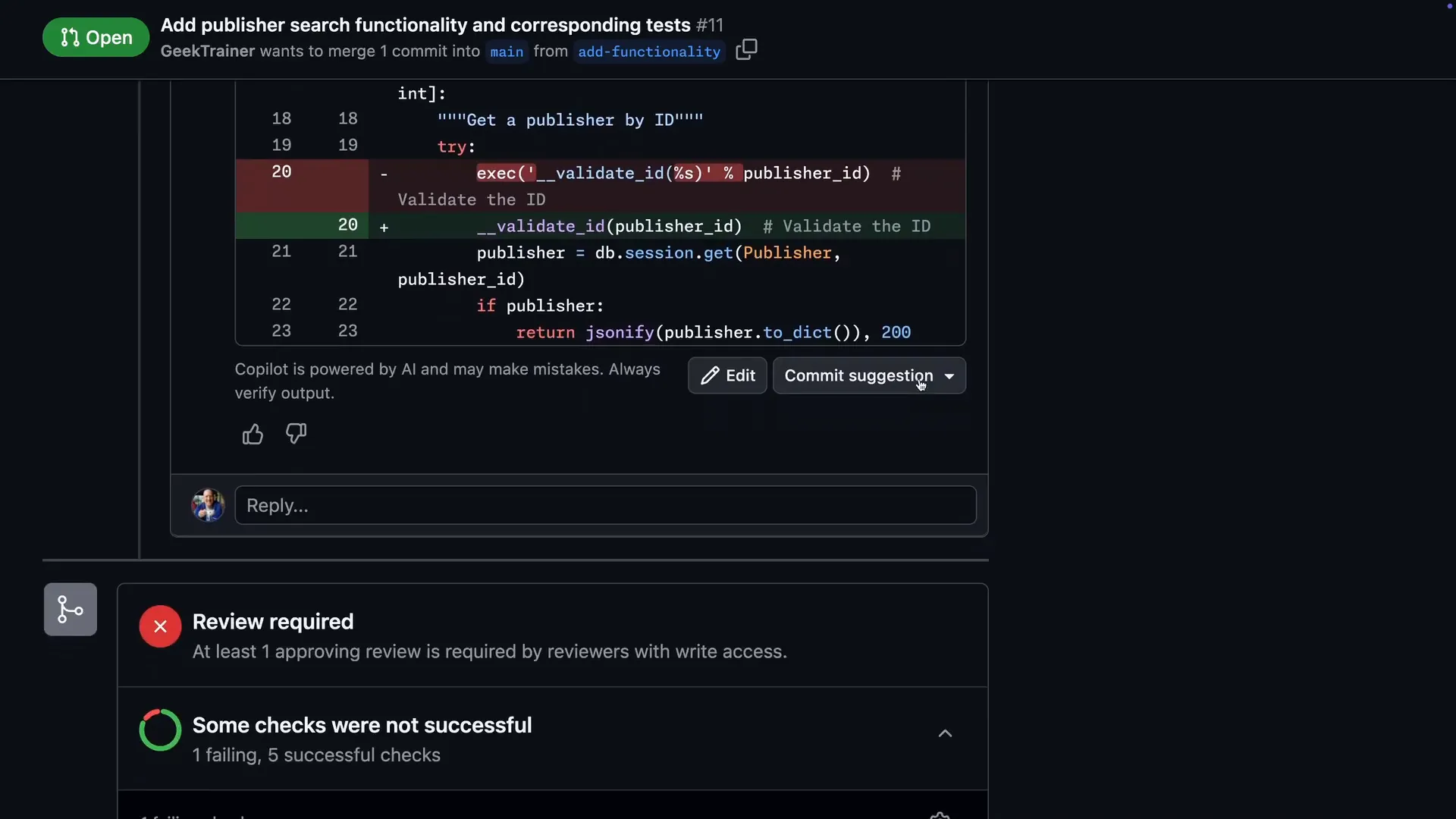 Suggested change block on a GitHub pull request diff replacing exec(__validate_id(%s) % publisher_id) with a direct __validate_id call above the Commit suggestion button and a Review required merge box