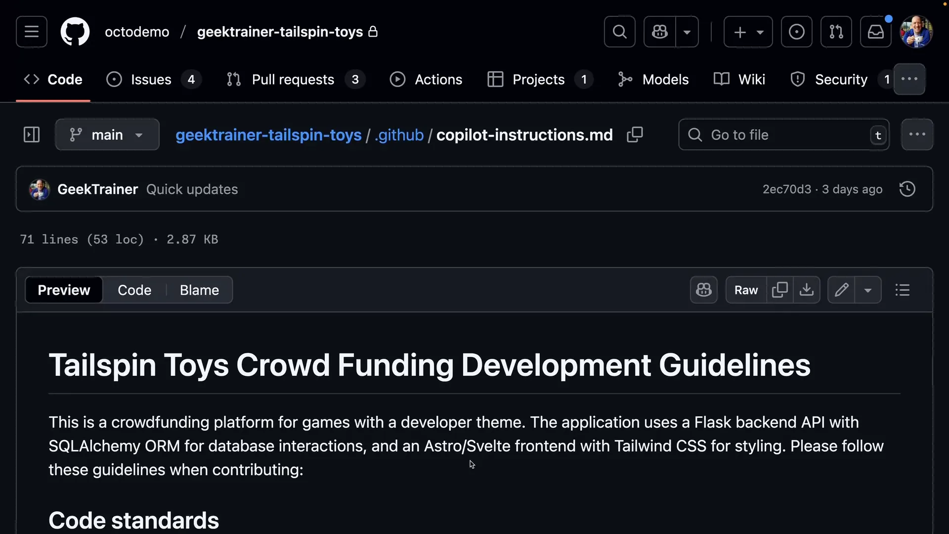 GitHub file view of .github/copilot-instructions.md on the main branch opening the Tailspin Toys Crowd Funding Development Guidelines preview with a code standards section