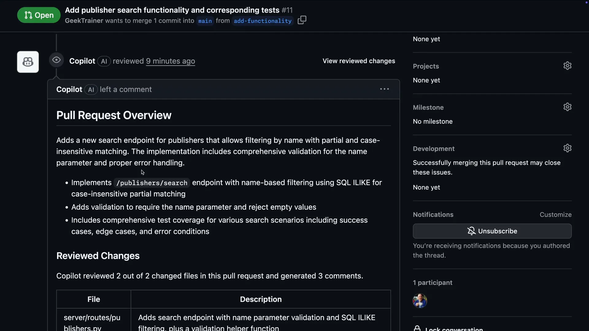 Copilot pull request overview comment on GitHub describing the /publishers/search endpoint with a Reviewed Changes table listing two changed files and three generated comments