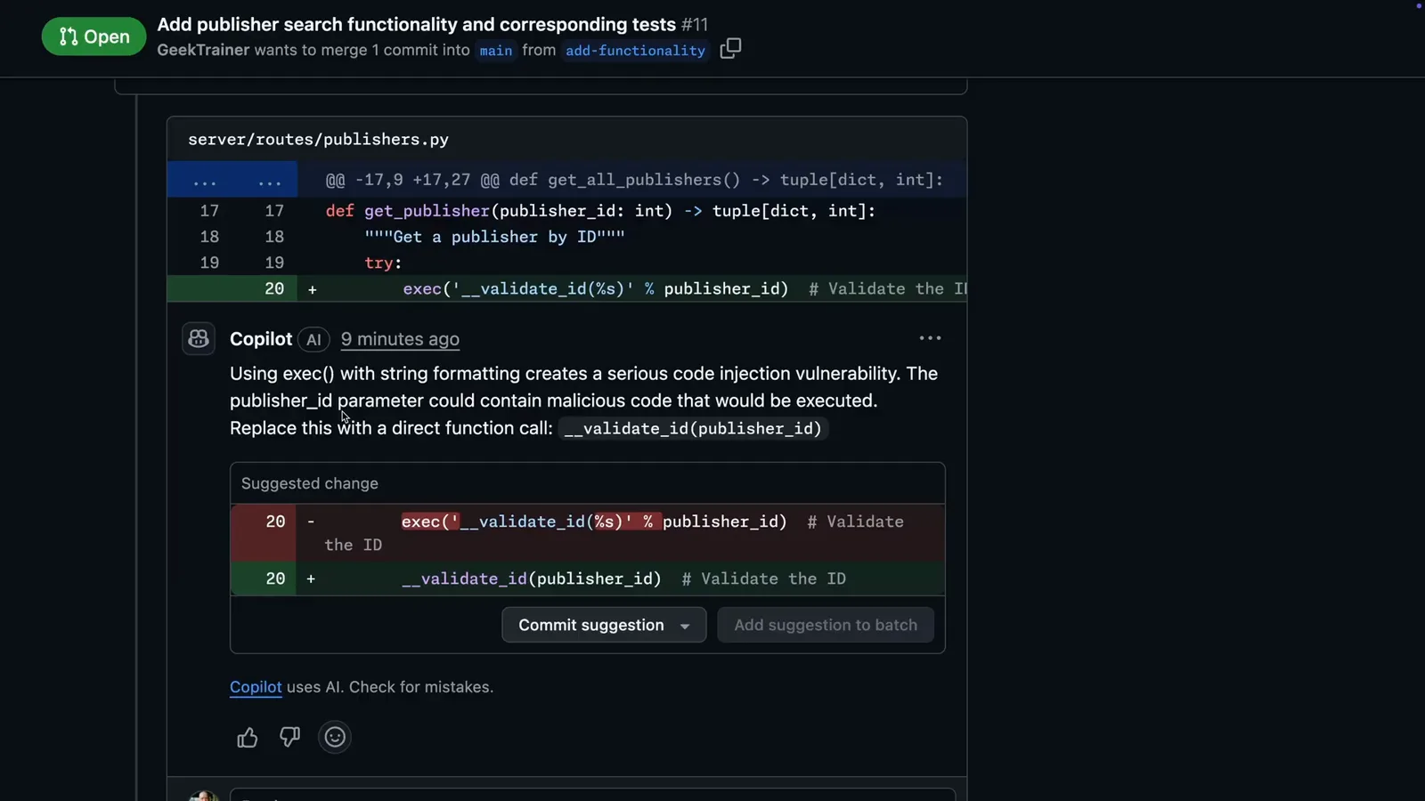 Copilot code review comment on a Python diff flagging exec() with string formatting as a serious code injection vulnerability with a suggested change calling __validate_id(publisher_id) instead