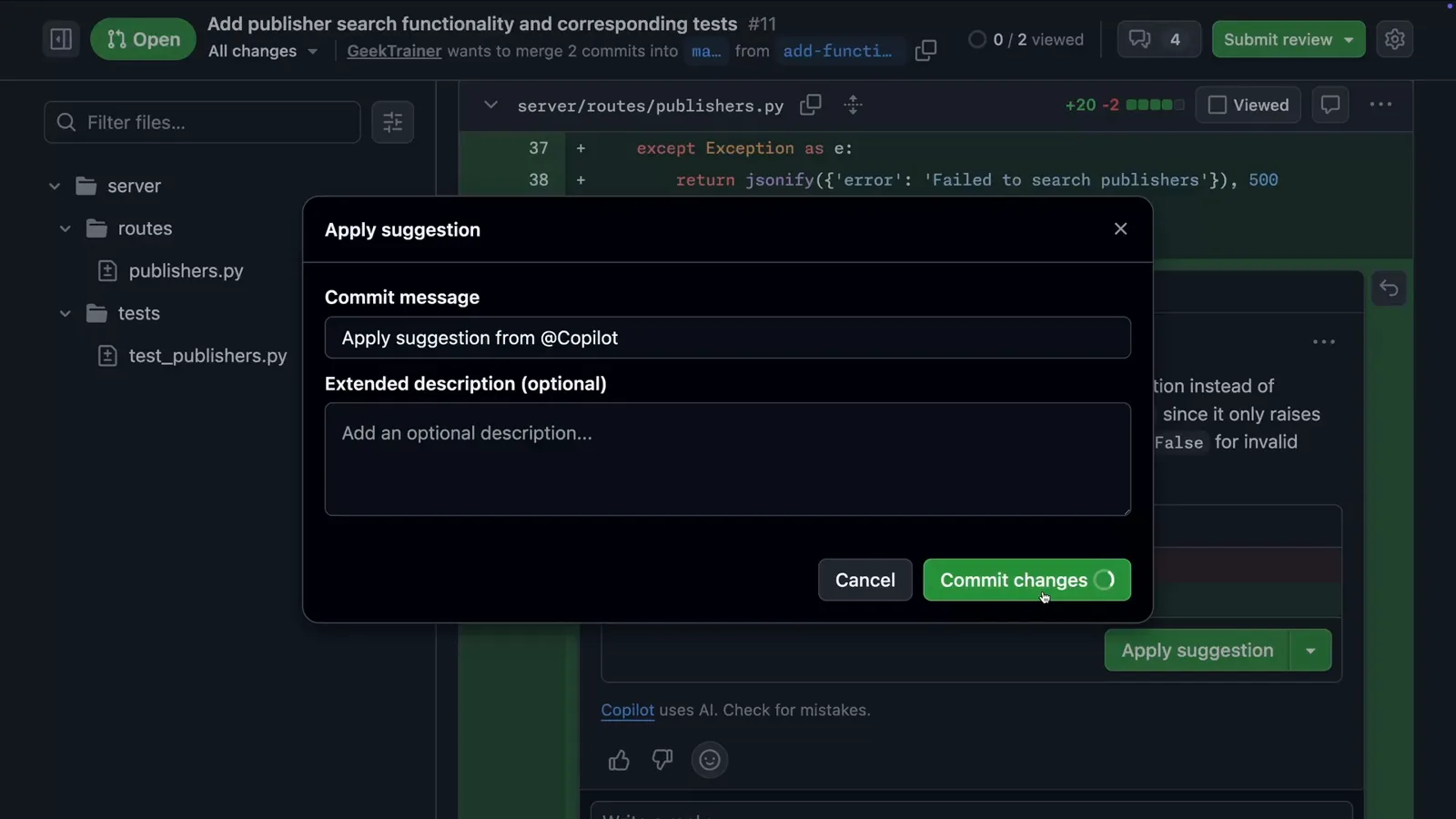Apply suggestion dialog on the GitHub Files changed tab with the commit message Commit suggestion from @Copilot and a Commit changes button over a Python diff