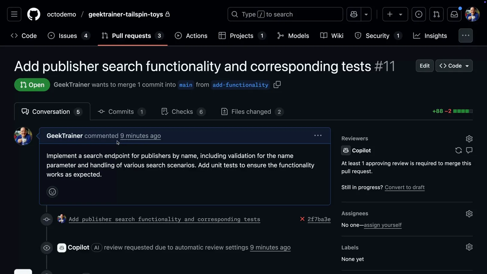 GitHub pull request conversation page showing Copilot in the Reviewers sidebar and the timeline entry review requested due to automatic review settings on pull request #11