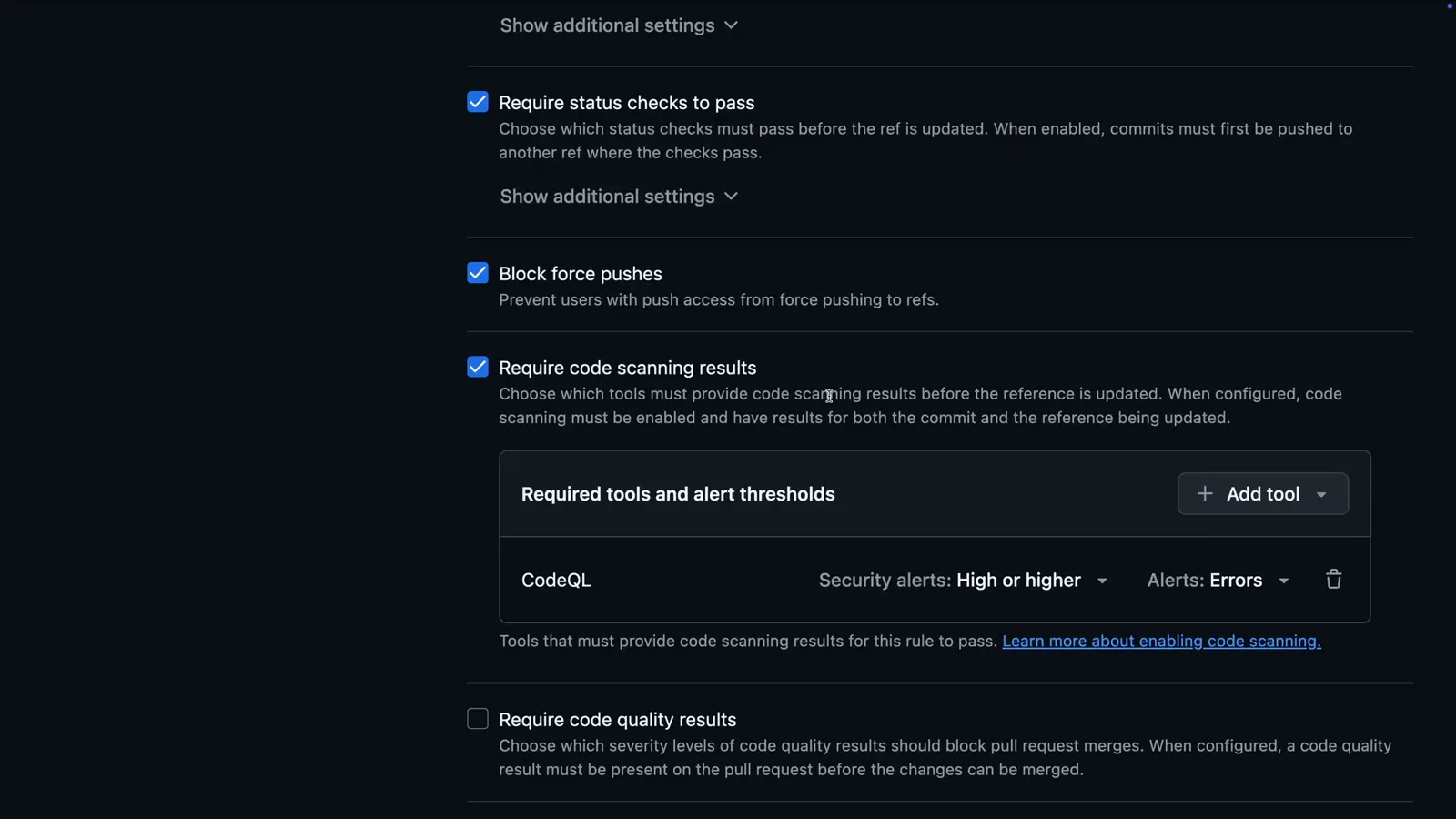 GitHub ruleset Require code scanning results setting with the CodeQL tool configured to block on Security alerts High or higher and Errors under Required tools and alert thresholds