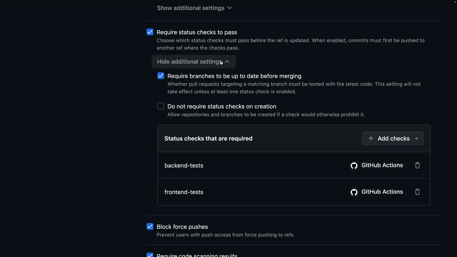 GitHub ruleset Require status checks to pass section listing backend-tests and frontend-tests GitHub Actions workflows as required status checks for merging
