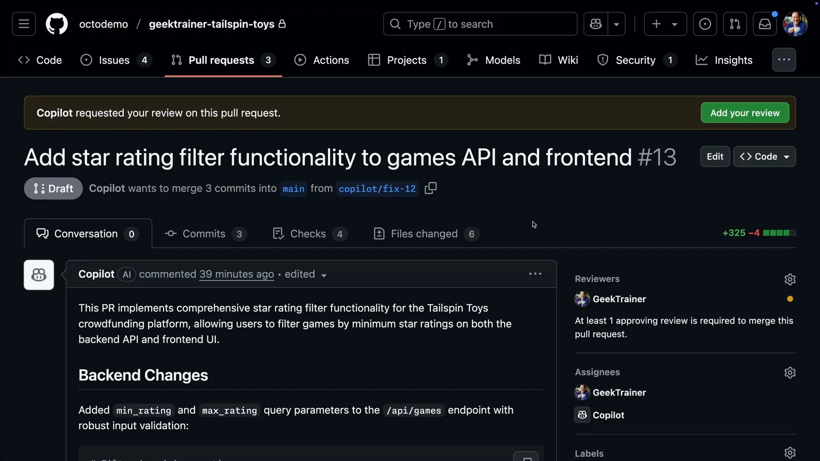 Draft pull request #13 authored by Copilot from the copilot/fix-12 branch with a Copilot requested your review banner and a backend changes description on GitHub