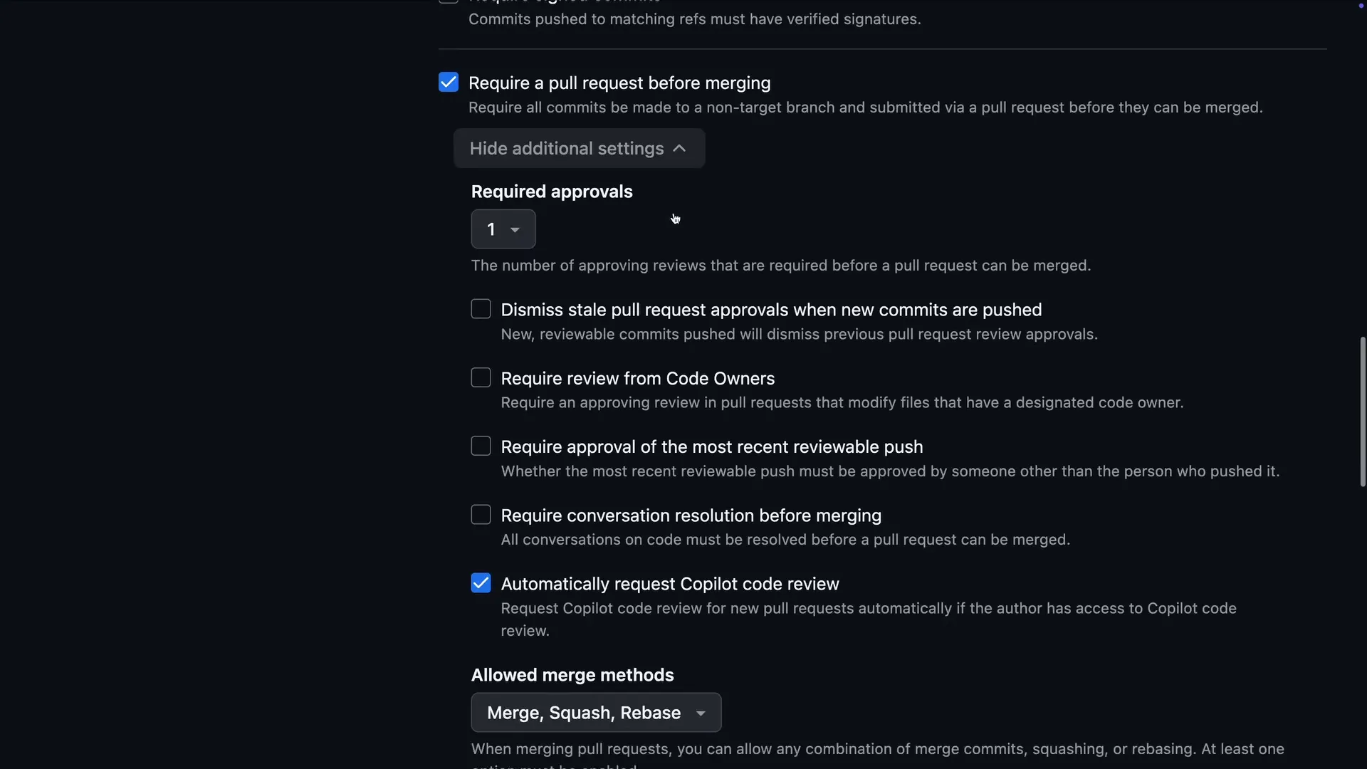 GitHub ruleset editor with Require a pull request before merging expanded showing Required approvals set to 1 and the Automatically request Copilot code review checkbox ticked