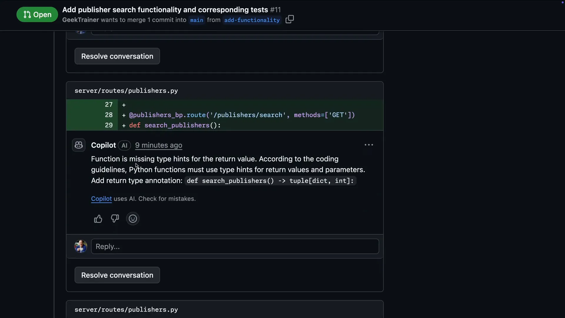 Copilot review comment asking for a missing Python return type annotation with the exact code def search_publishers() -> tuple[dict, int] shown on a GitHub pull request diff