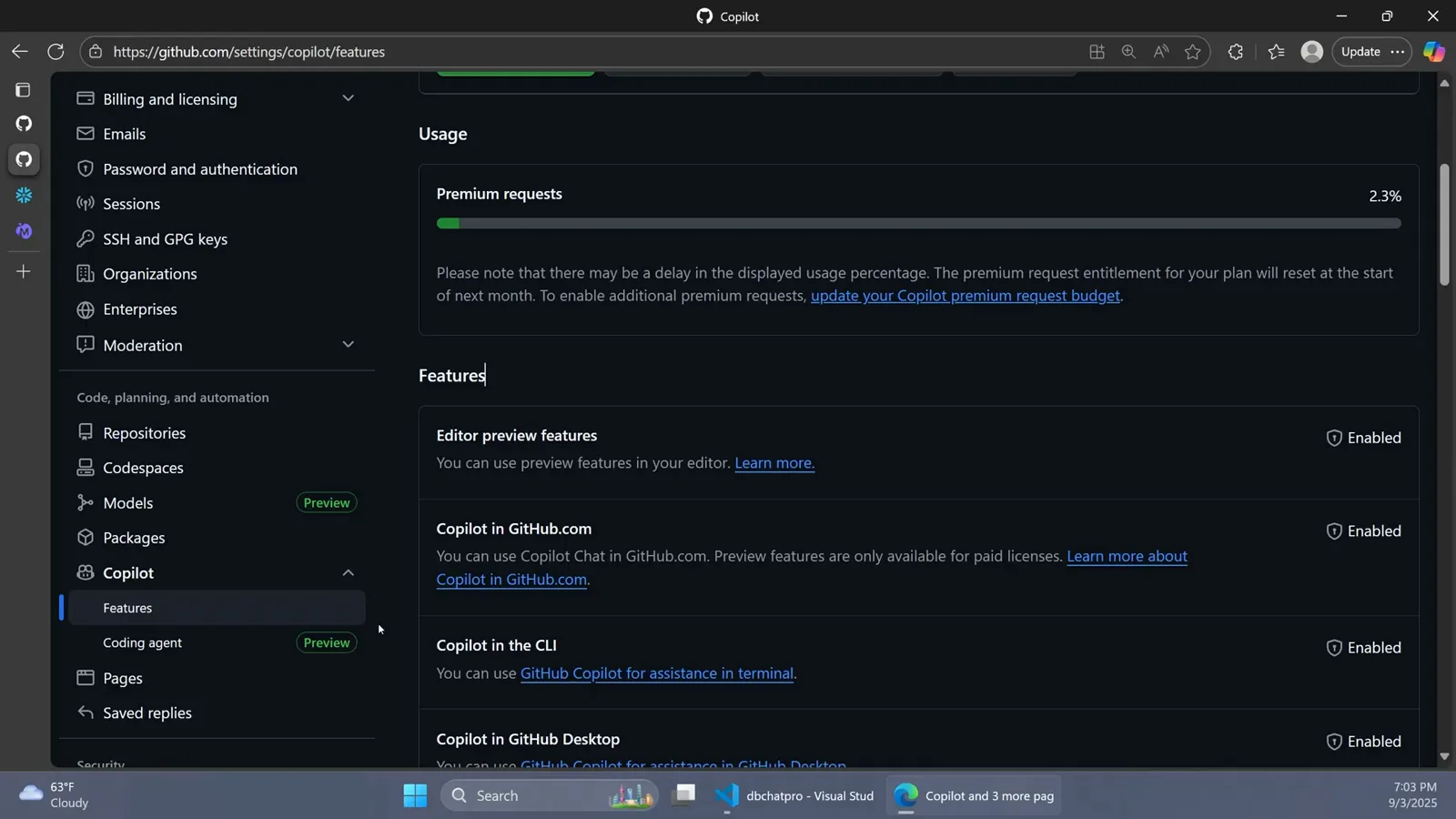GitHub personal settings Copilot features page with Coding agent Preview listed under Copilot in the sidebar and Editor preview features toggled Enabled