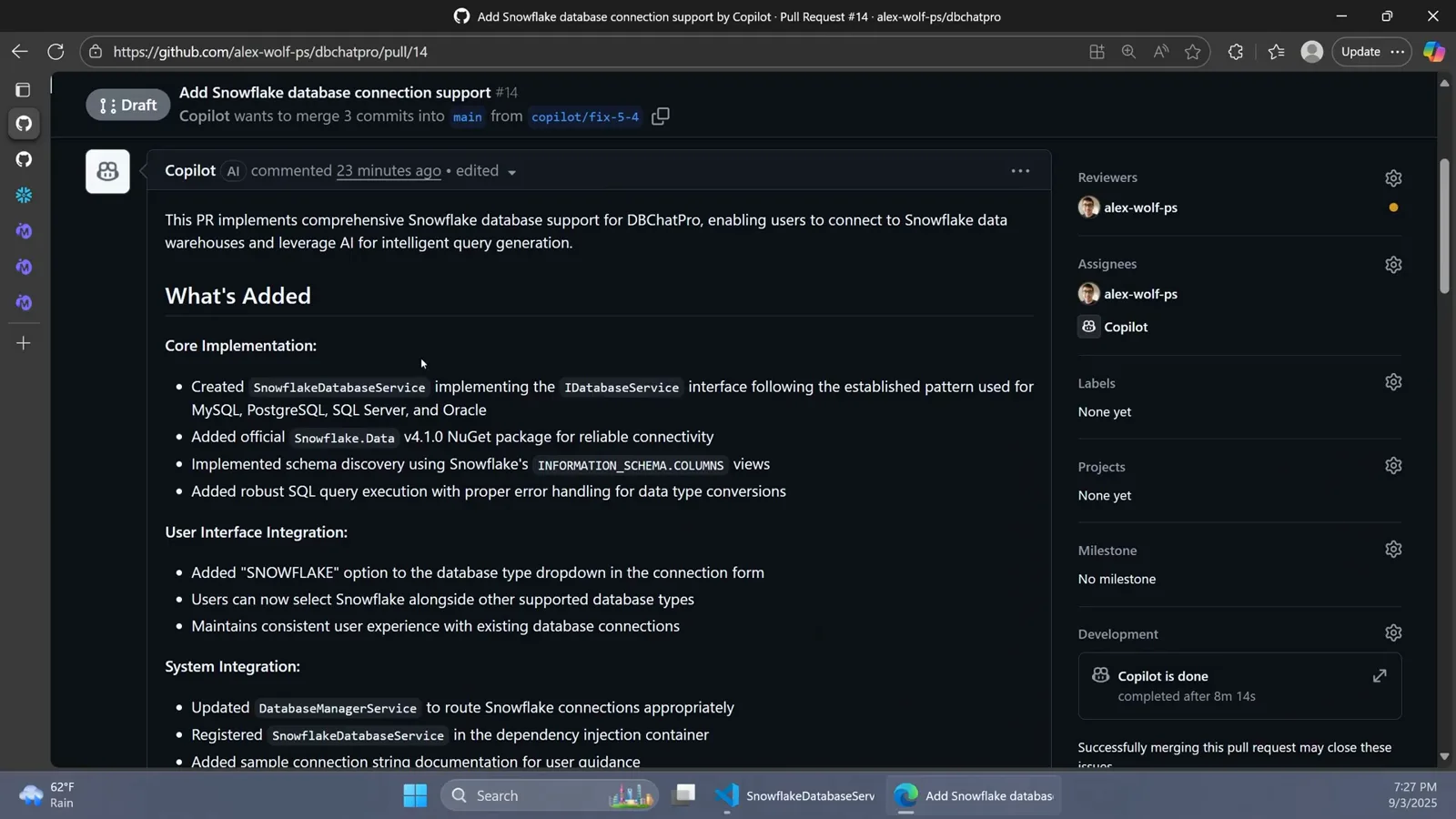 Pull request 14 conversation ending in a merge box that reads successfully merging this pull request may close these issues above the linked Feature Request Snowflake Access issue