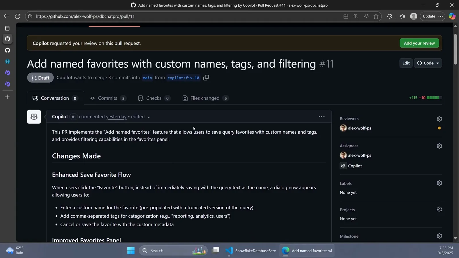 Pull request 11 headed by the Copilot requested your review on this pull request banner with an Add your review button above Copilots Changes Made summary of the Enhanced Save Favorite Flow