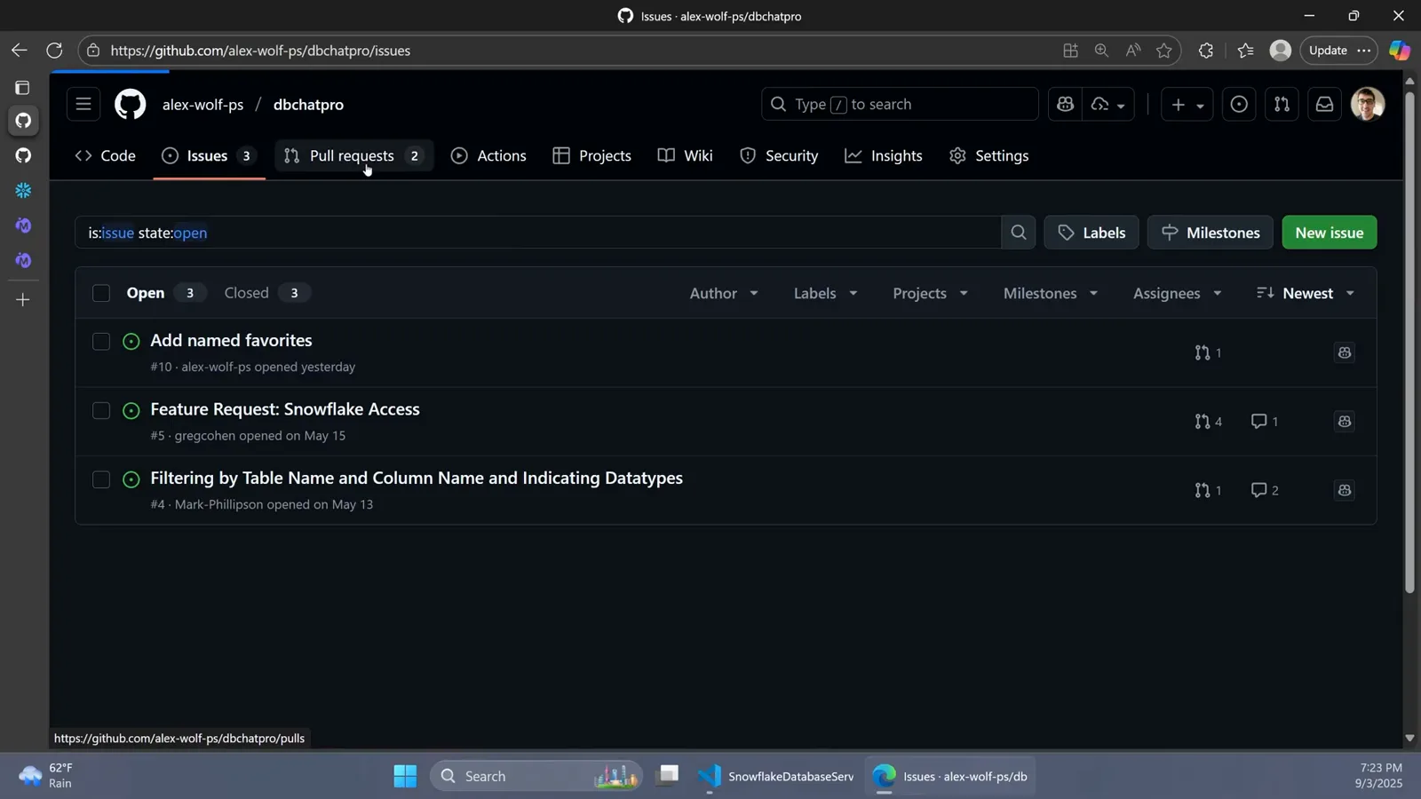 dbchatpro repository Issues tab listing three open feature requests with Open 3 issues selected, author, labels and assignee filters, and the green New issue button