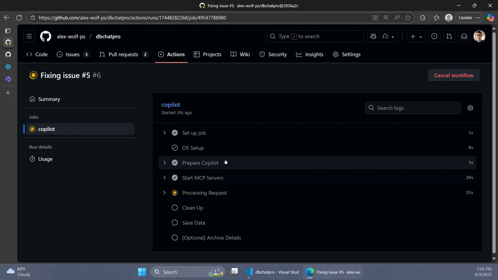 GitHub Actions run Fixing issue 5 with the copilot job stepping through Set up job, CI Setup, Prepare Copilot, Start MCP Servers, Processing Request, Clean Up and Save Data