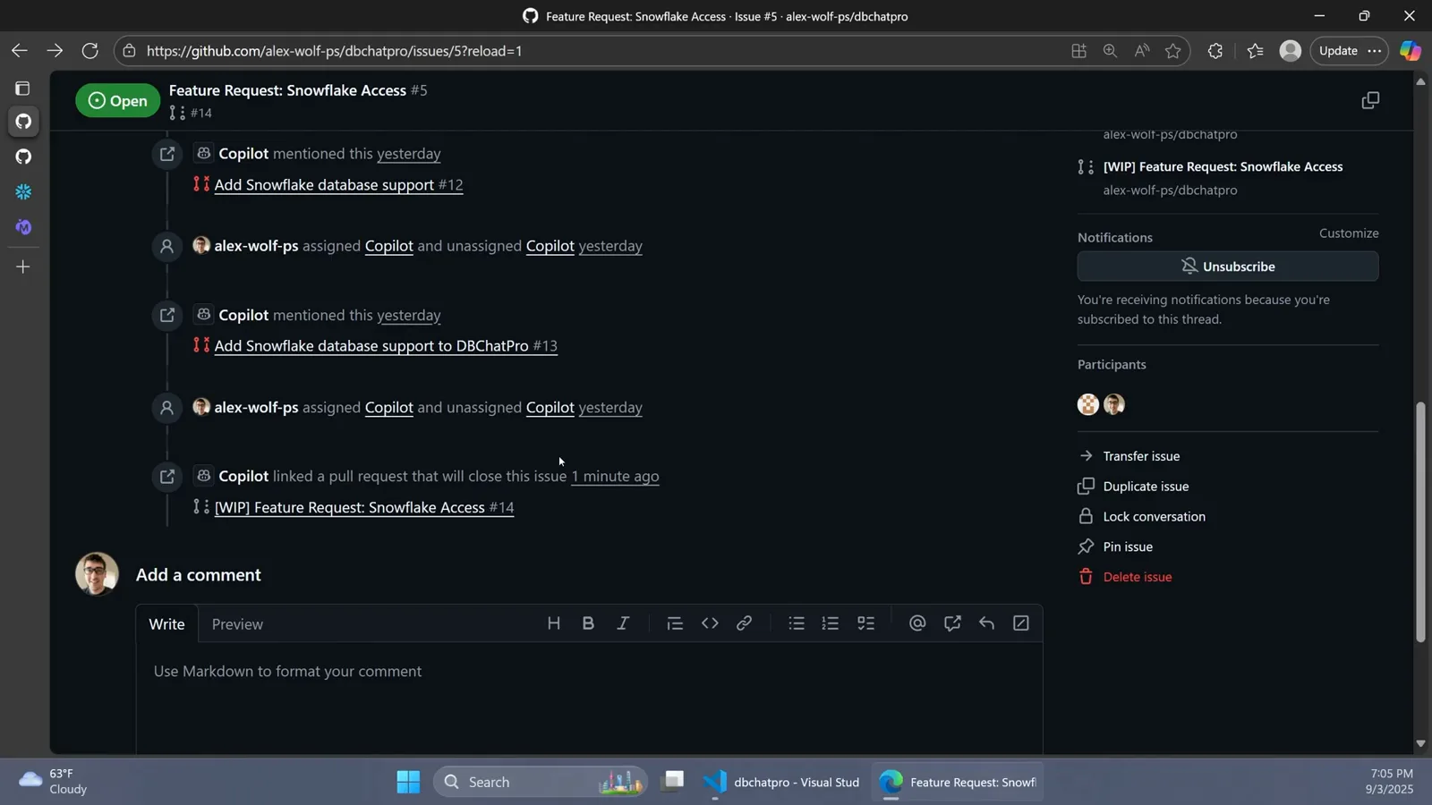 GitHub issue timeline recording Copilot mentioned this, repeated assigned Copilot and unassigned Copilot events, and Copilot linked a pull request that will close this issue with WIP pull request 14