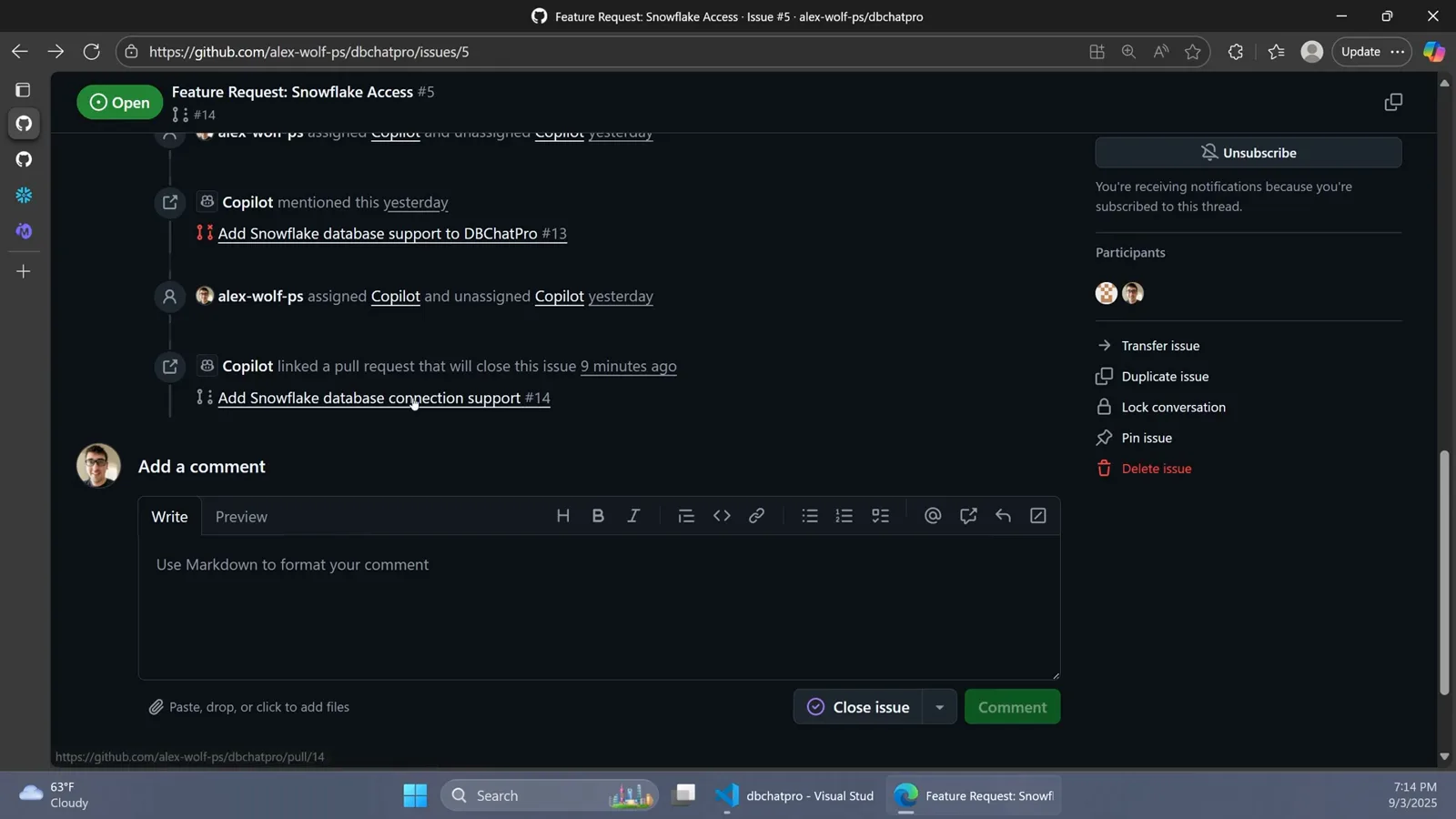 GitHub issue page where Copilot linked a pull request that will close this issue above an empty Add a comment box, with Transfer, Duplicate and Lock conversation links in the sidebar