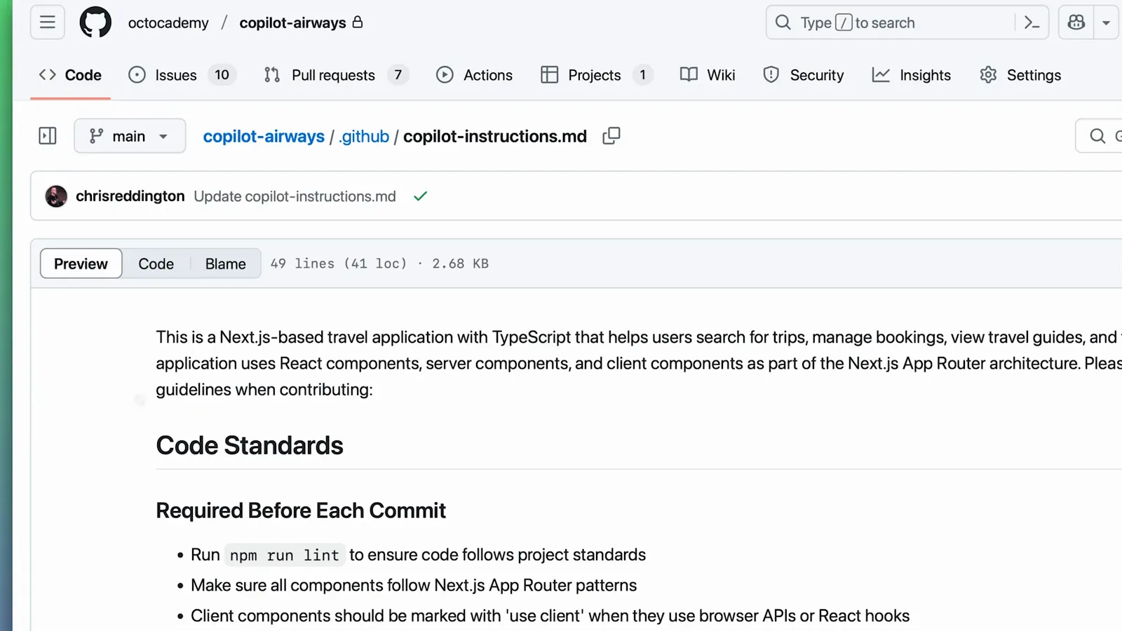 copilot-instructions.md file inside the octocademy copilot-airways repo defining Code Standards and a Required Before Each Commit checklist that starts with npm run lint