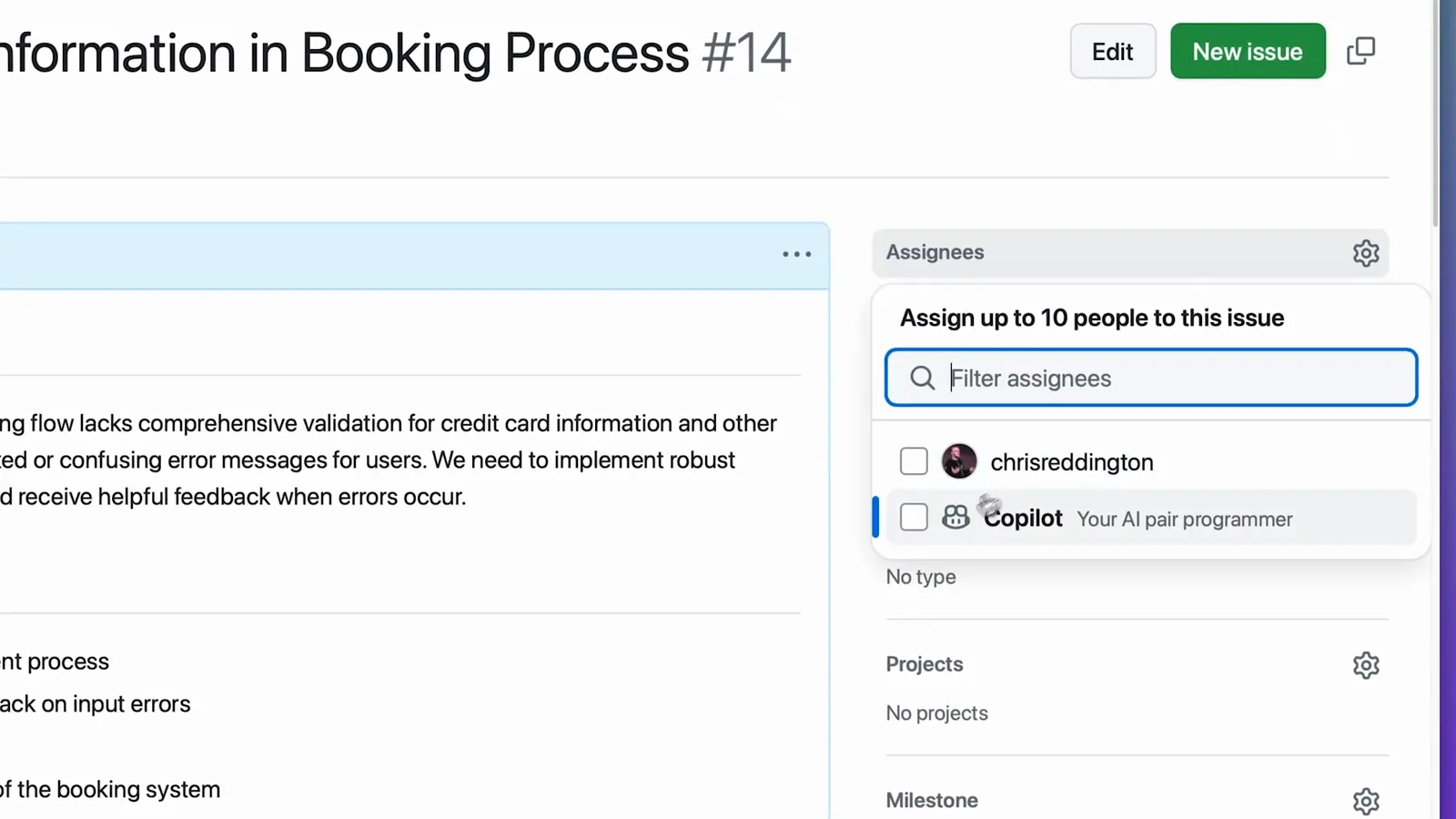 Copilot Your AI pair programmer being ticked in the Assignees dropdown of a light-themed GitHub issue about credit card validation on the copilot-airways repository