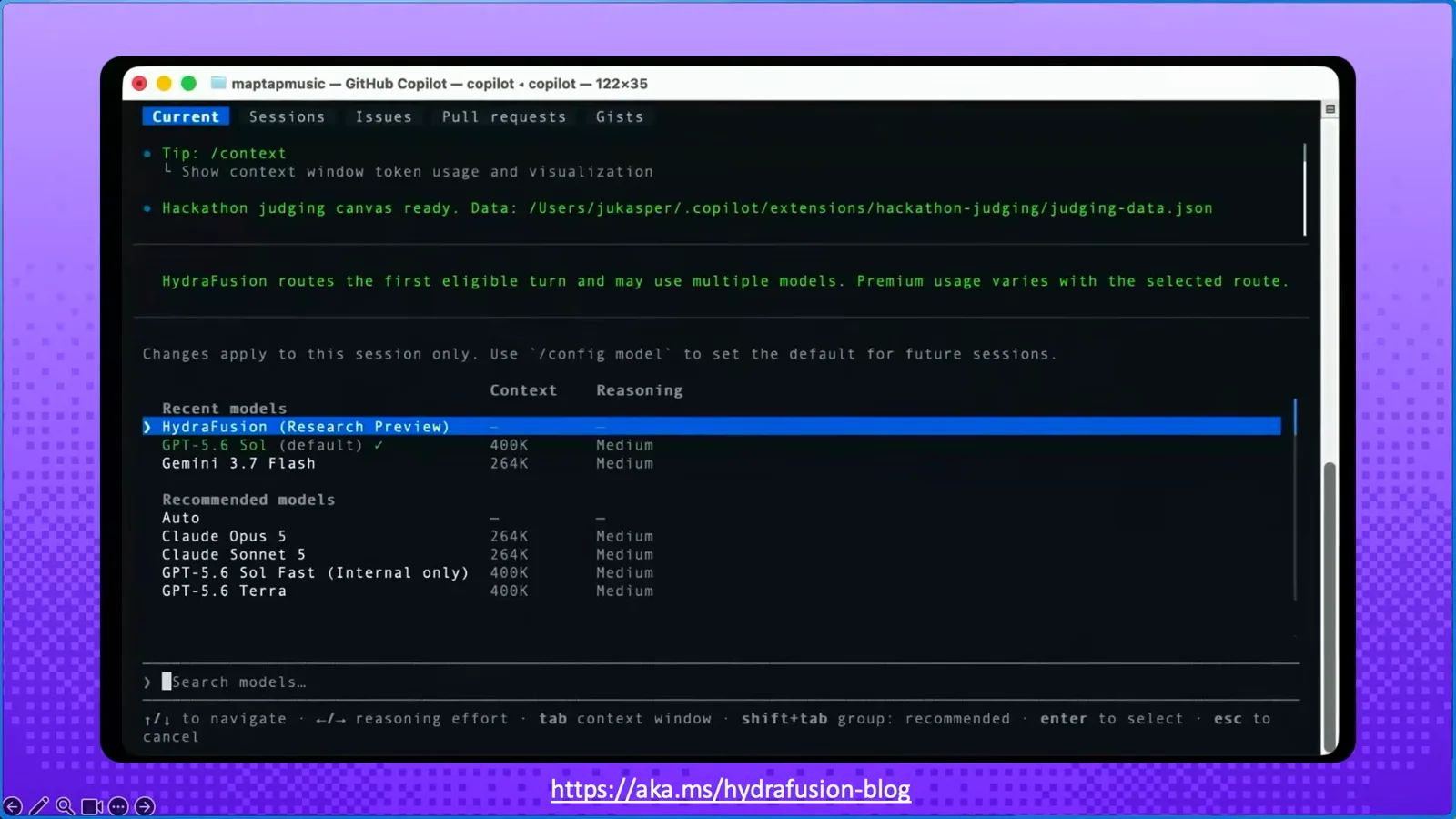 GitHub Copilot CLI model picker with HydraFusion (Research Preview) highlighted in Recommended models above GPT-5.6 Sol and Gemini 3.7 Flash