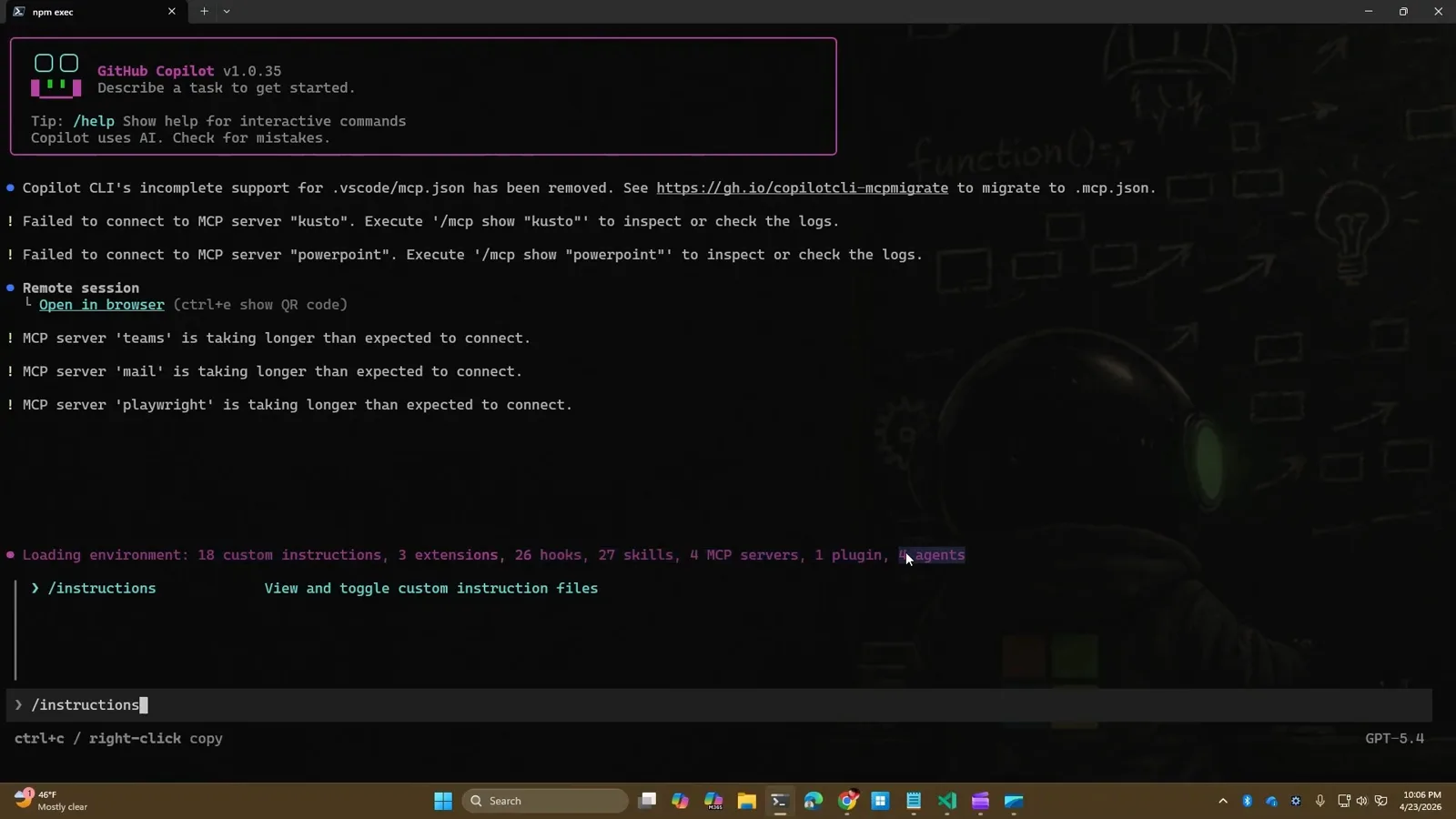 GitHub Copilot CLI terminal showing the slash instructions command underneath a loading environment line that counts eighteen custom instructions before a session starts