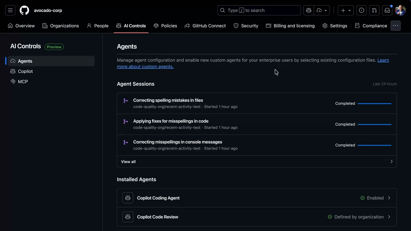GitHub enterprise AI Controls page showing the Agents, Copilot and MCP pages in the sidebar where a Copilot Memory enablement policy is set for every organization