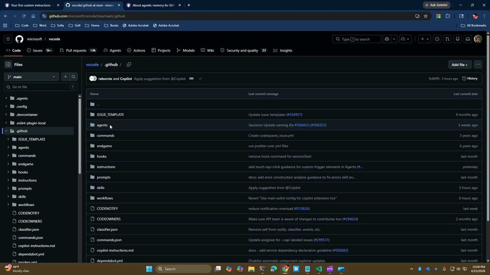 GitHub file listing of the .github folder in microsoft/vscode showing copilot-instructions.md next to the instructions, agents, skills, prompts and hooks folders used by GitHub Copilot