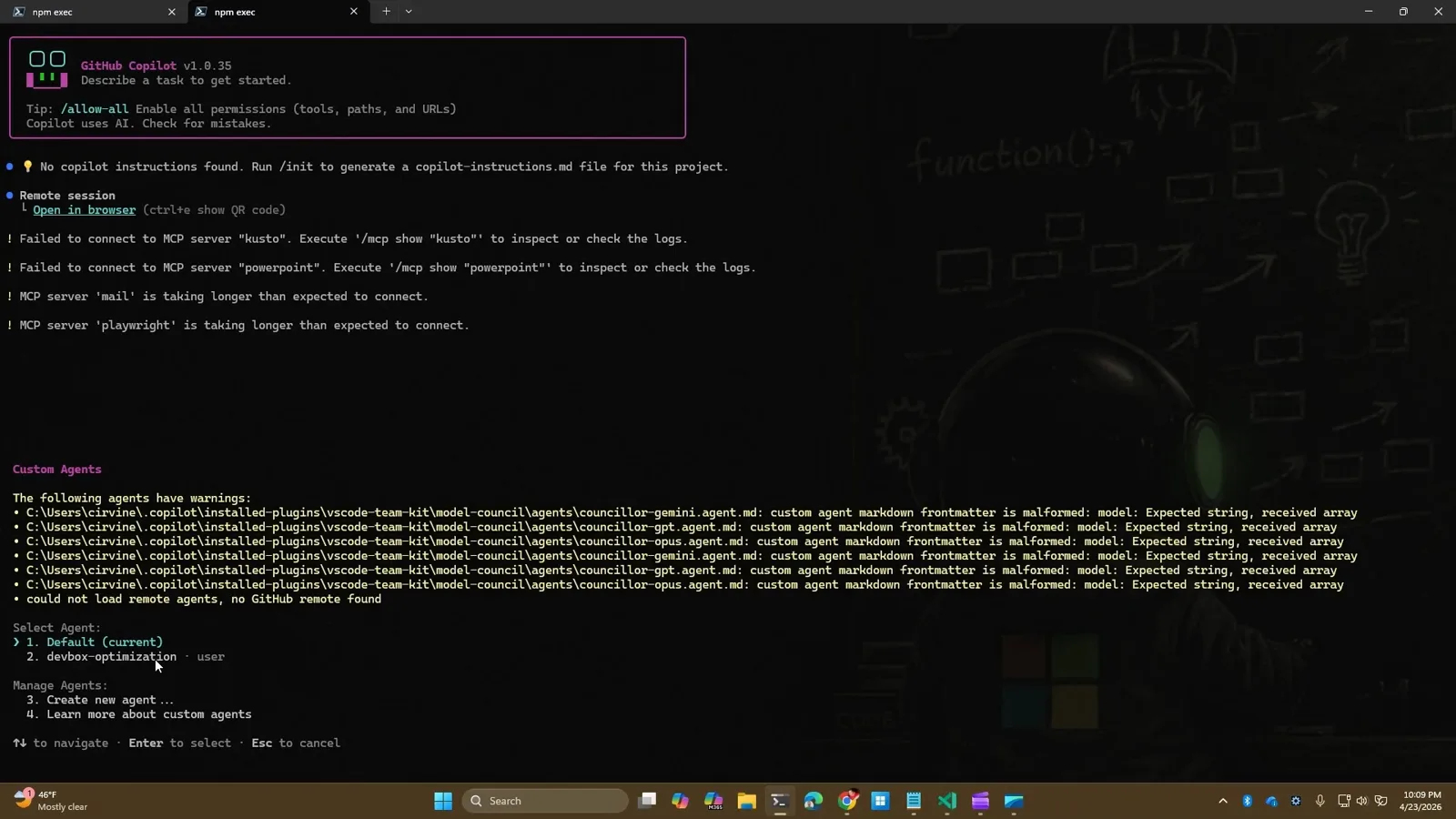 GitHub Copilot CLI terminal stating that no copilot instructions were found and prompting to run the init command that generates a copilot-instructions.md file for the project