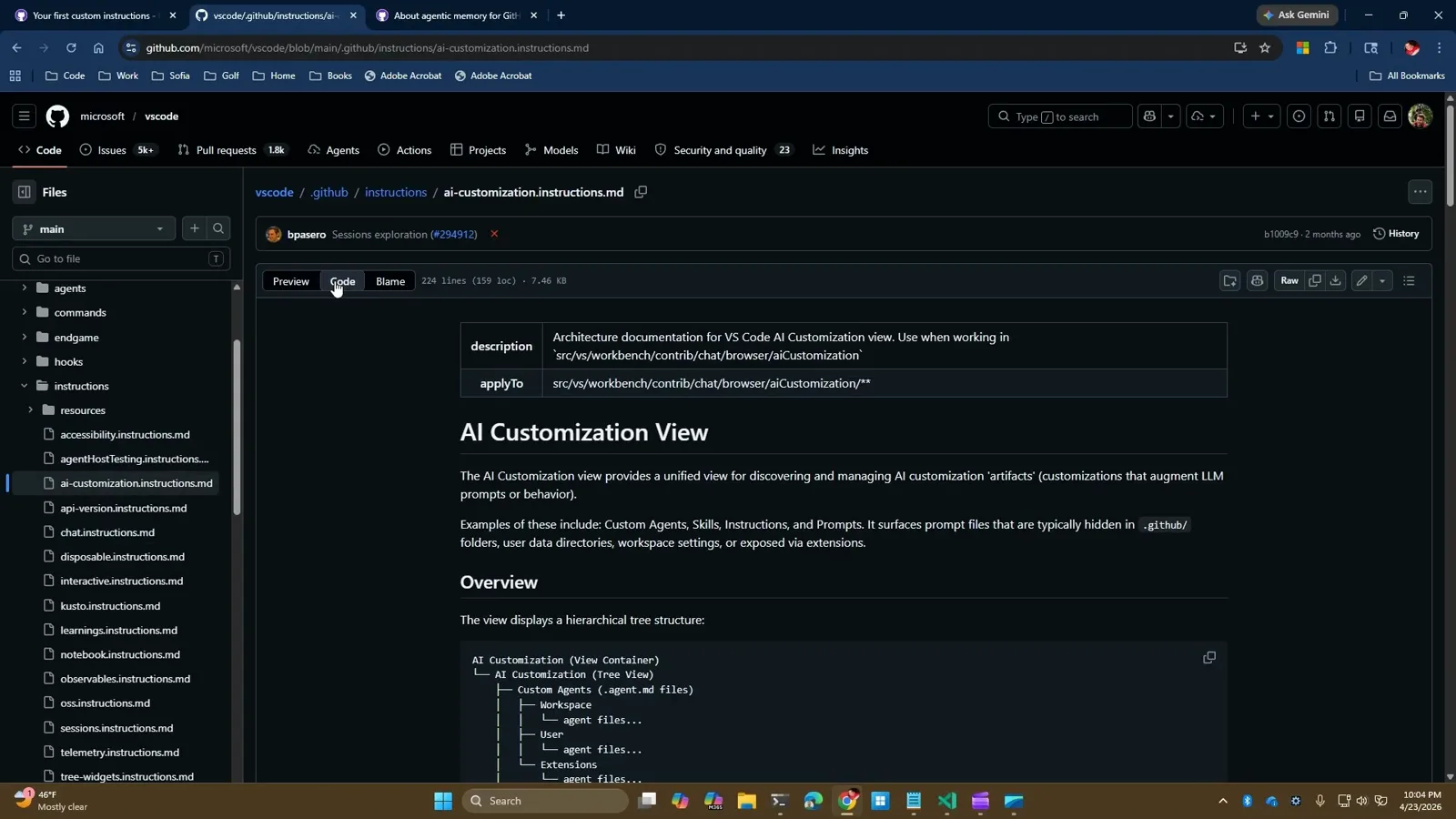GitHub blob view of ai-customization.instructions.md in microsoft/vscode showing the description and applyTo front matter that scopes a path-specific instruction file to one source folder